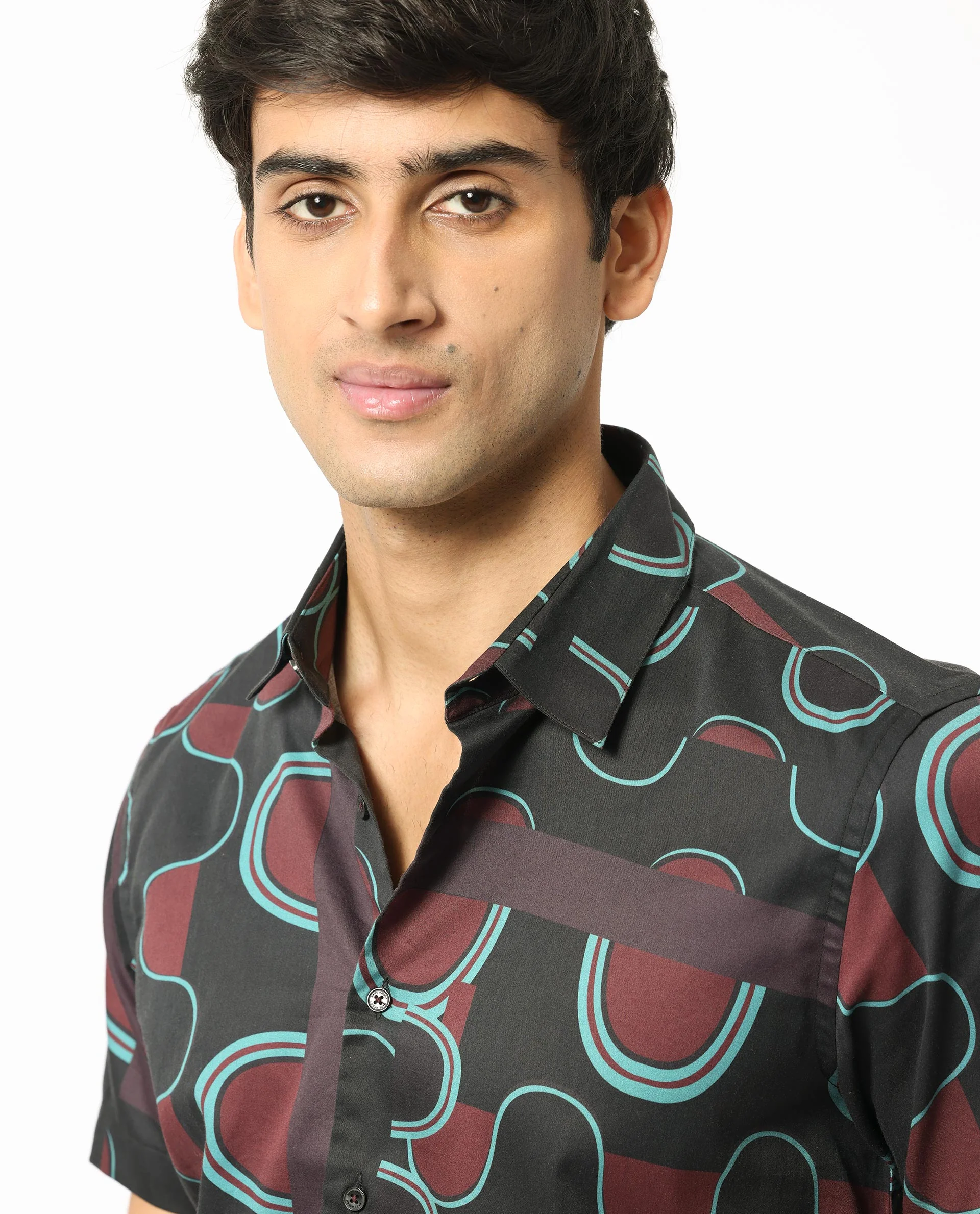 Rare Rabbit Men's Geo Brown Modal Geometric Print Regular Fit Half Sleeve Collared Shirt - Image 4