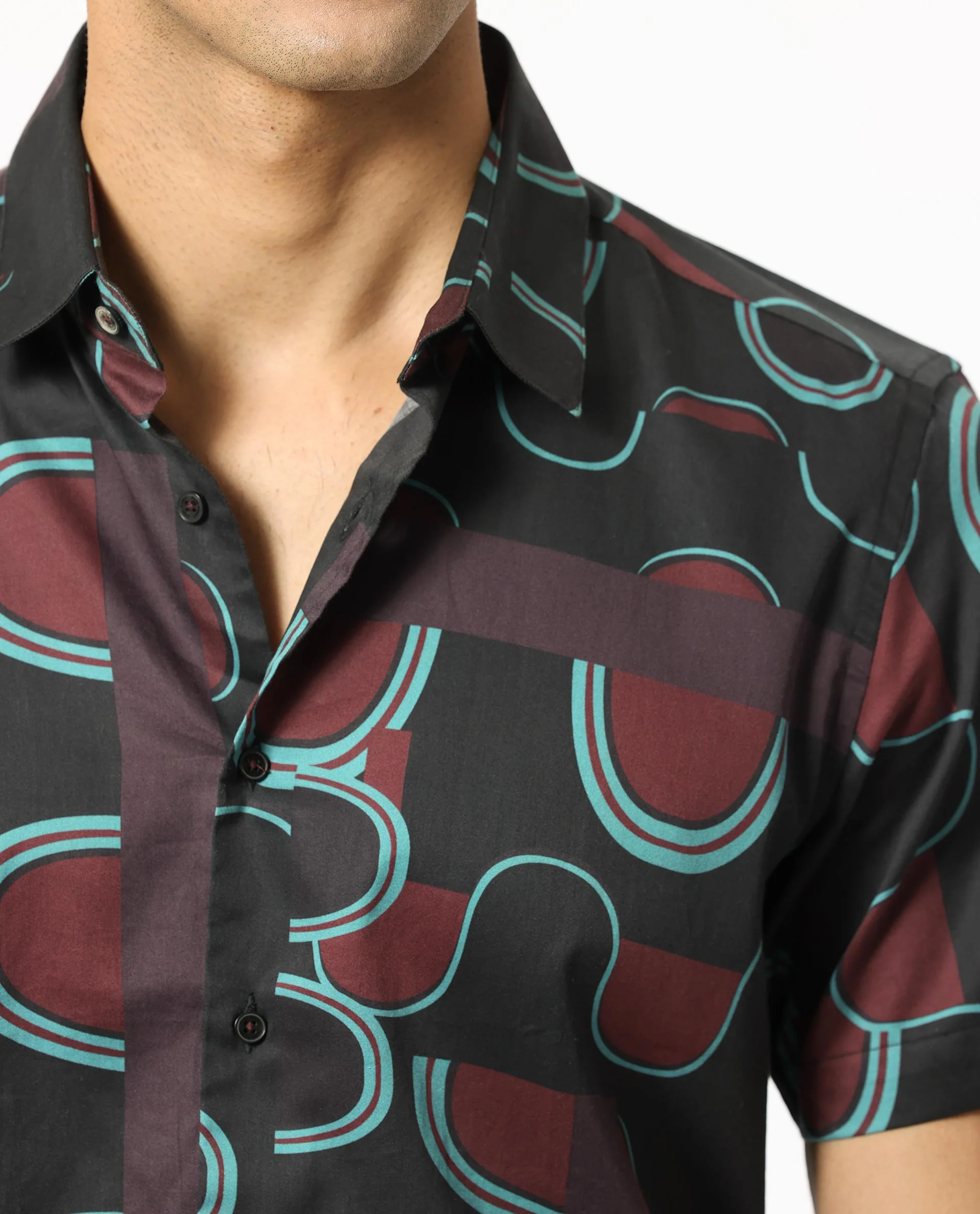 Rare Rabbit Men's Geo Brown Modal Geometric Print Regular Fit Half Sleeve Collared Shirt - Image 5