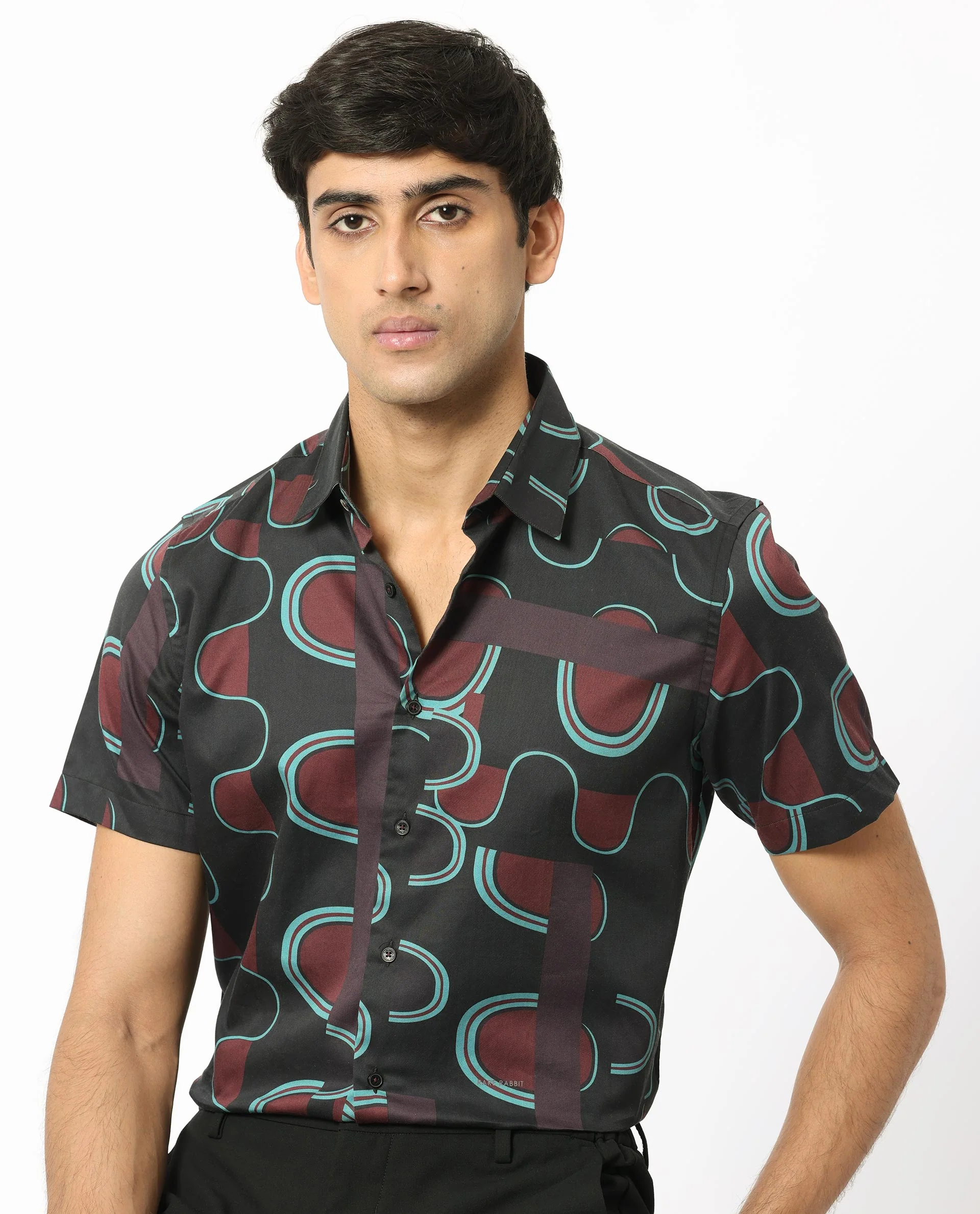 Rare Rabbit Men's Geo Brown Modal Geometric Print Regular Fit Half Sleeve Collared Shirt - Image 6