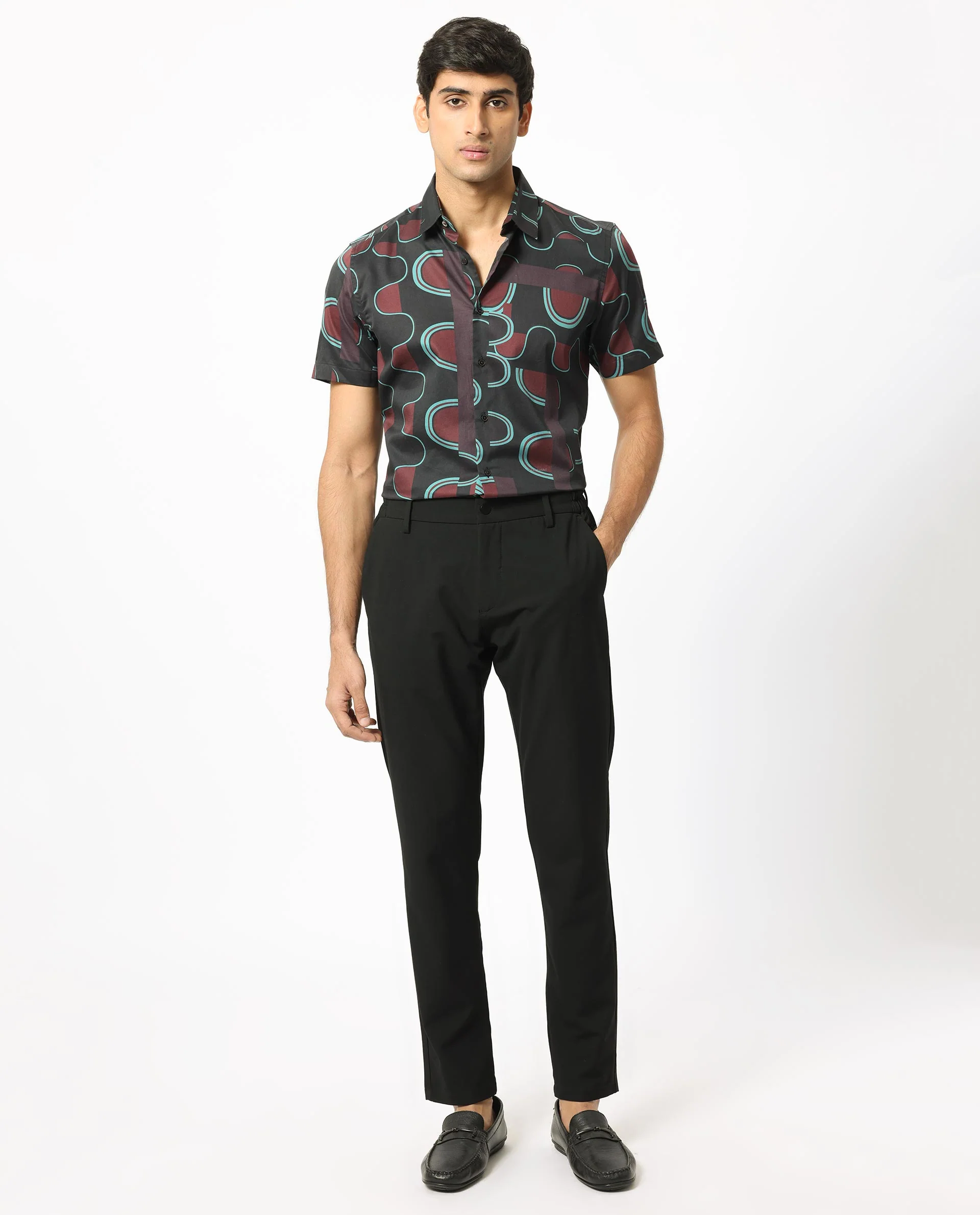 Rare Rabbit Men's Geo Brown Modal Geometric Print Regular Fit Half Sleeve Collared Shirt - Image 7