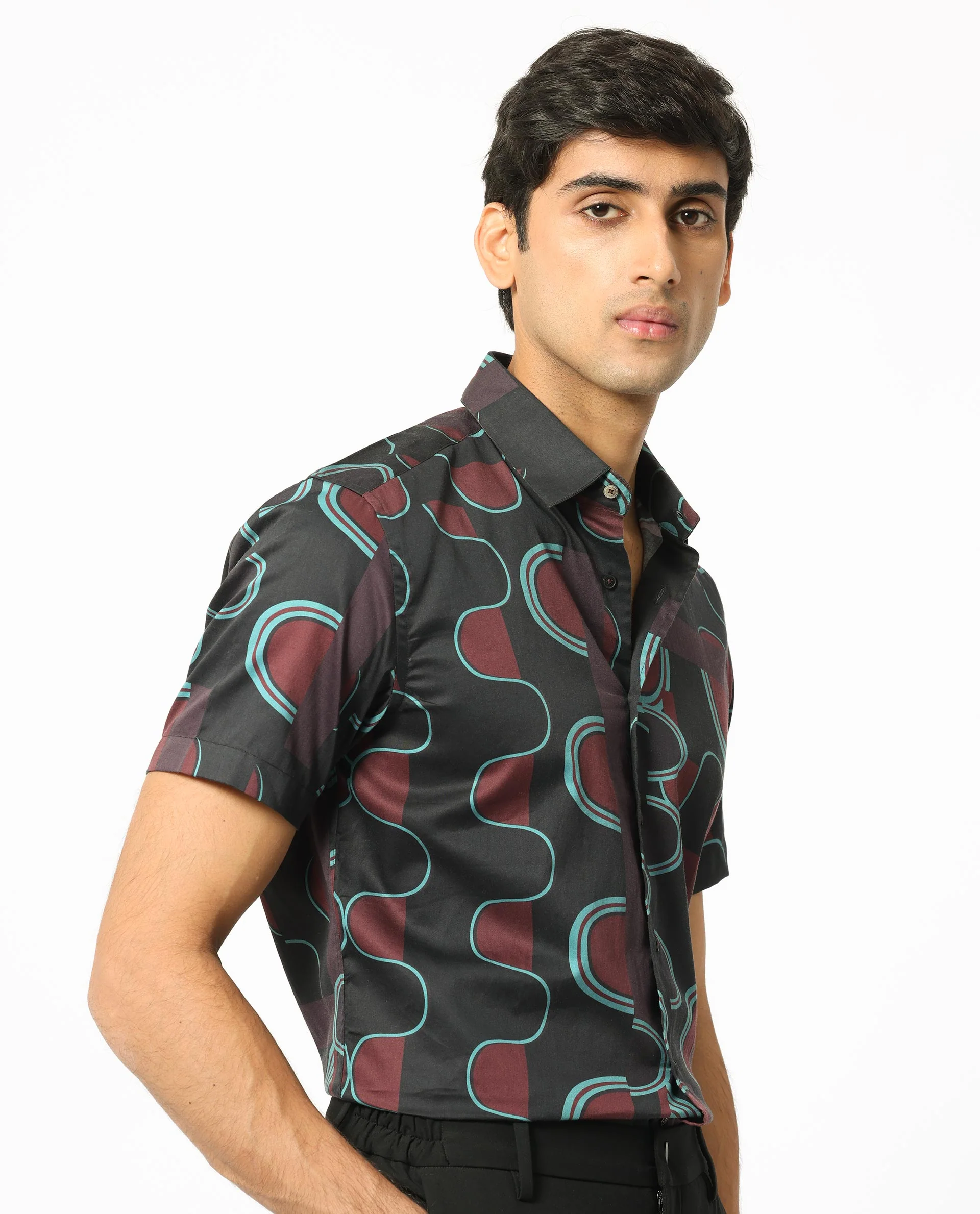Rare Rabbit Men's Geo Brown Modal Geometric Print Regular Fit Half Sleeve Collared Shirt - Image 8