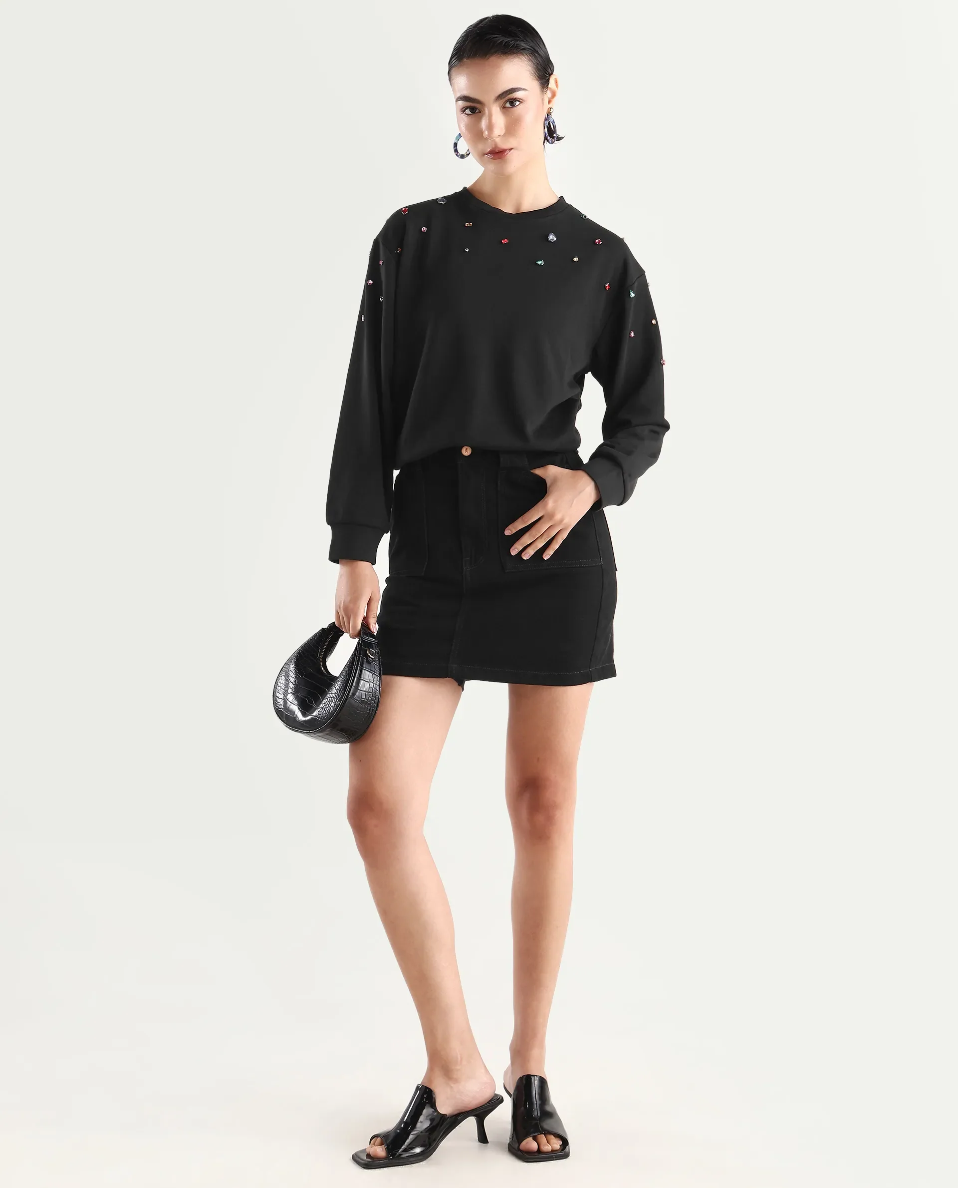 Rareism Women's Gera Black Cotton Blend Crew Neck Plain Relaxed Fit Sweatshirt - Image 2