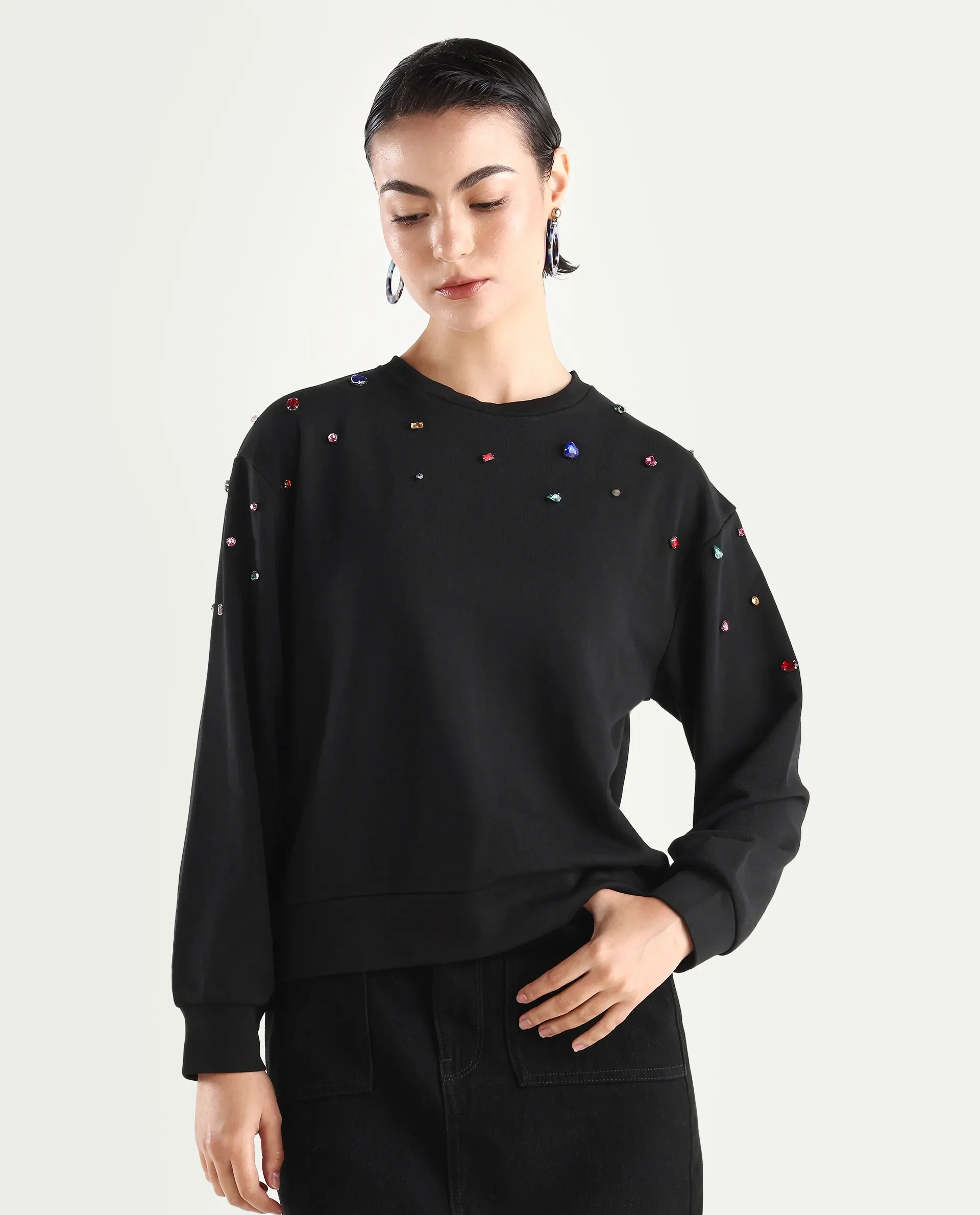 Rareism Women's Gera Black Cotton Blend Crew Neck Plain Relaxed Fit Sweatshirt - Image 3