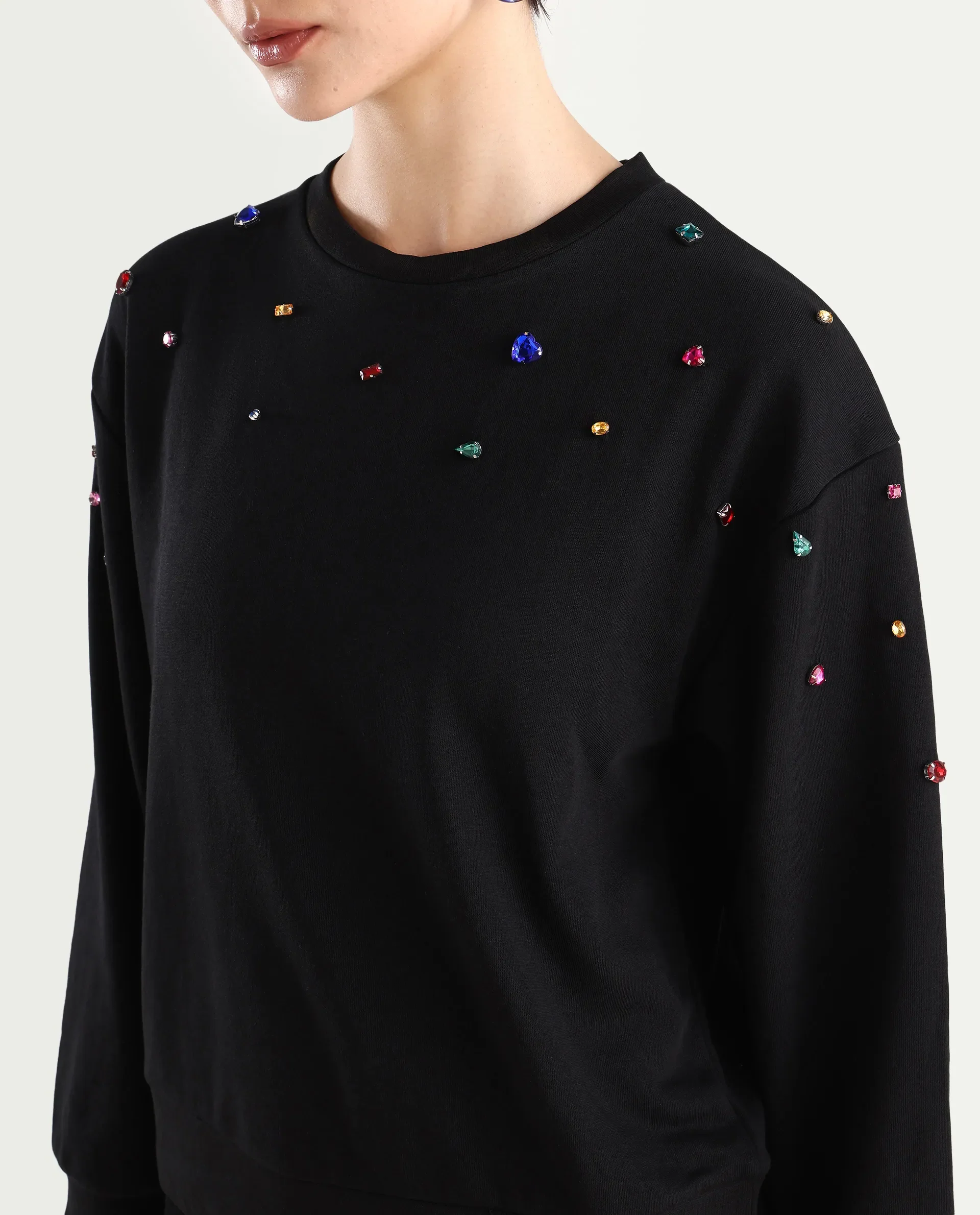 Rareism Women's Gera Black Cotton Blend Crew Neck Plain Relaxed Fit Sweatshirt - Image 4