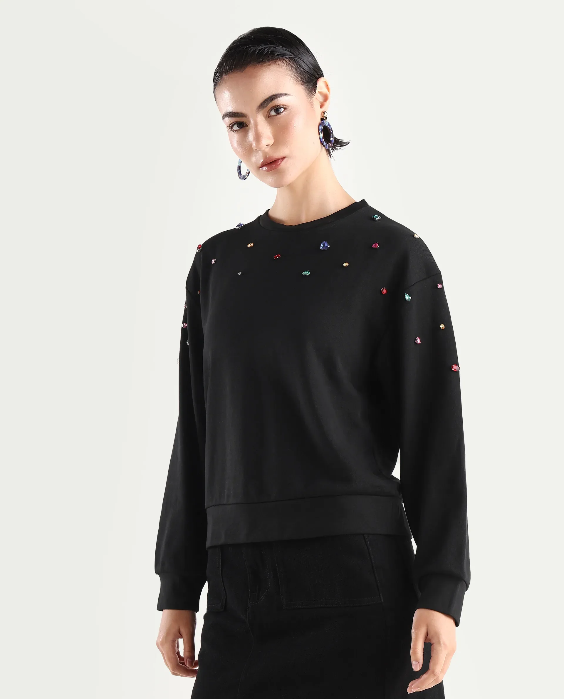 Rareism Women's Gera Black Cotton Blend Crew Neck Plain Relaxed Fit Sweatshirt - Image 5
