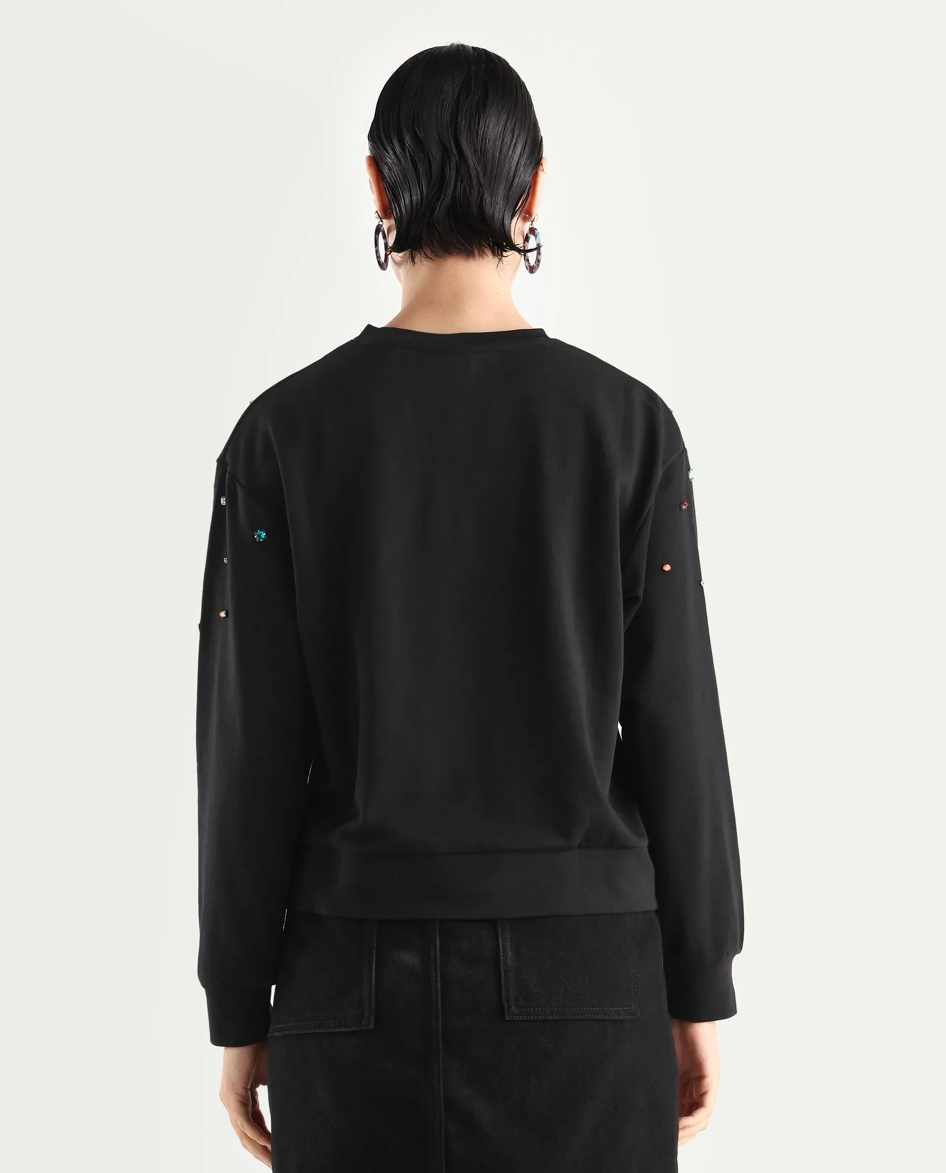 Rareism Women's Gera Black Cotton Blend Crew Neck Plain Relaxed Fit Sweatshirt - Image 7