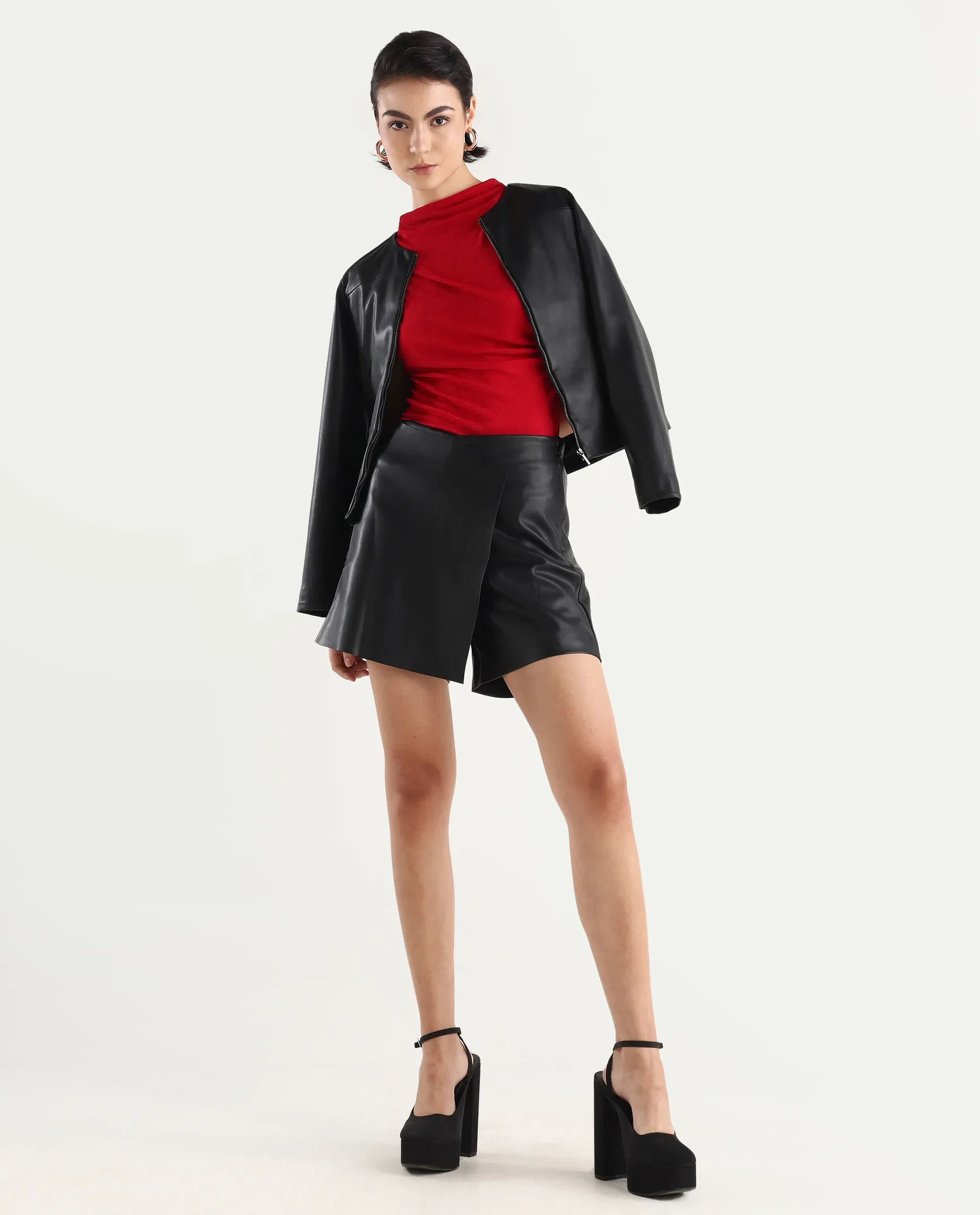 Rareism Women's Gerro Black Polyester Plain Mini Regular Fit Skirt
