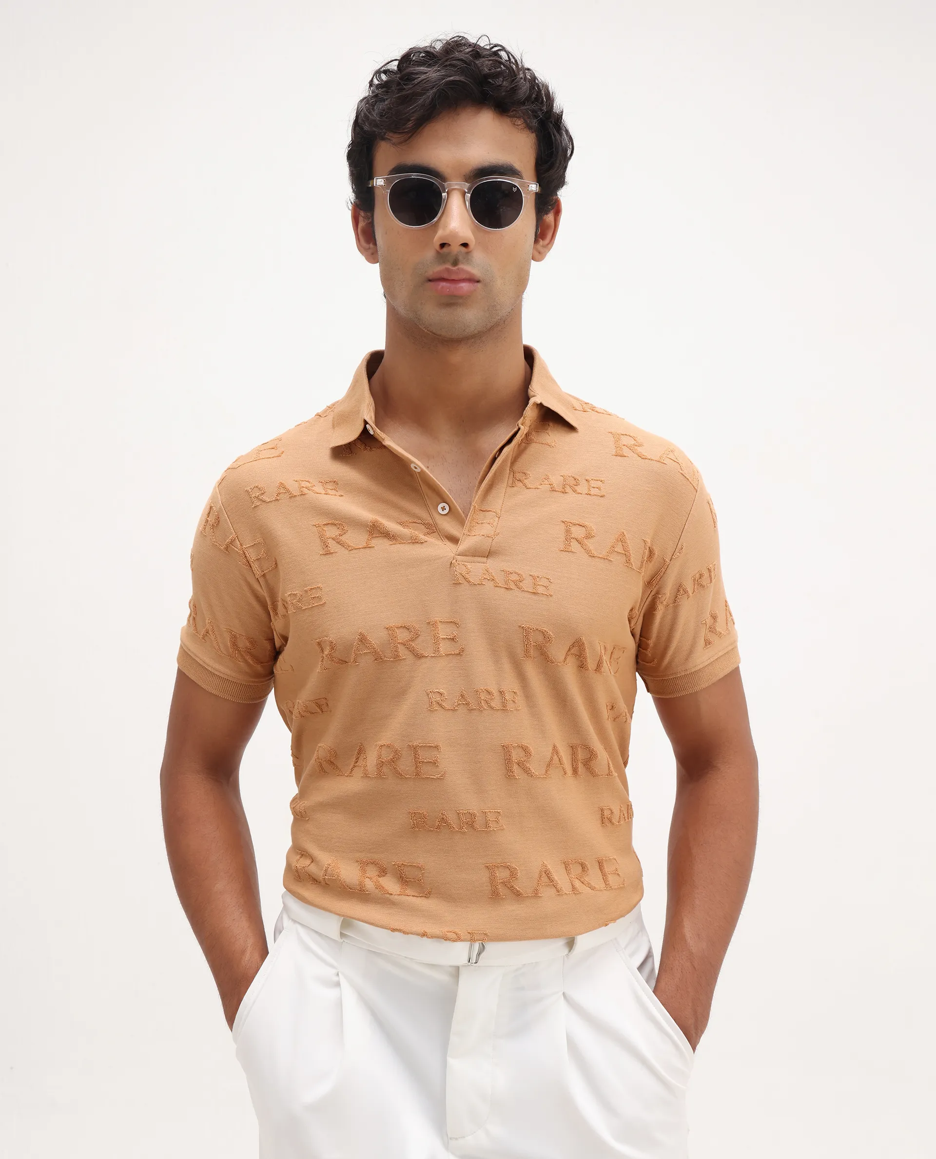 Rare Rabbit Men's Gesset-1 Mustard Cotton Jacquard Regular Fit Half Sleeve Polo