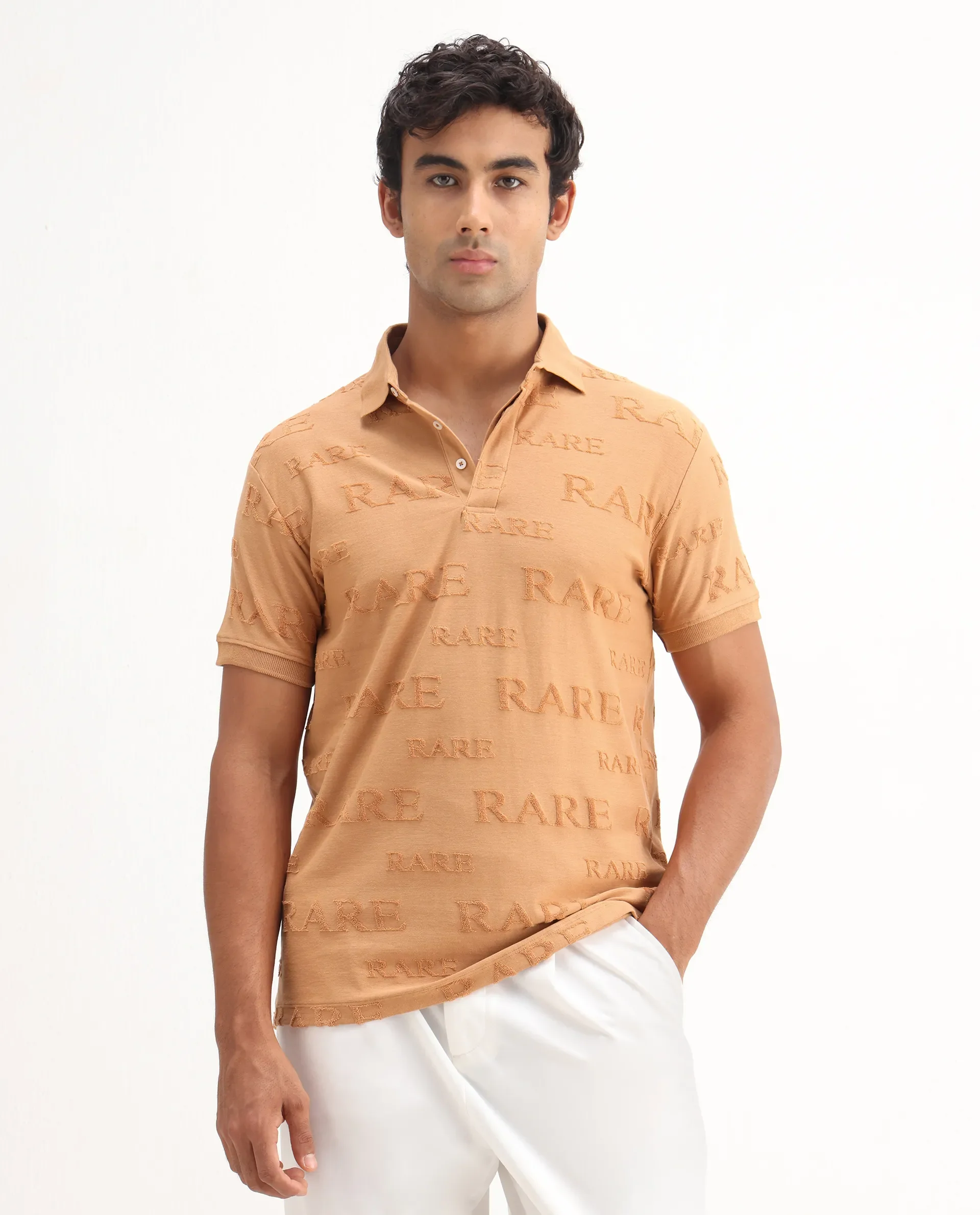 Rare Rabbit Men's Gesset-1 Mustard Cotton Jacquard Regular Fit Half Sleeve Polo - Image 3