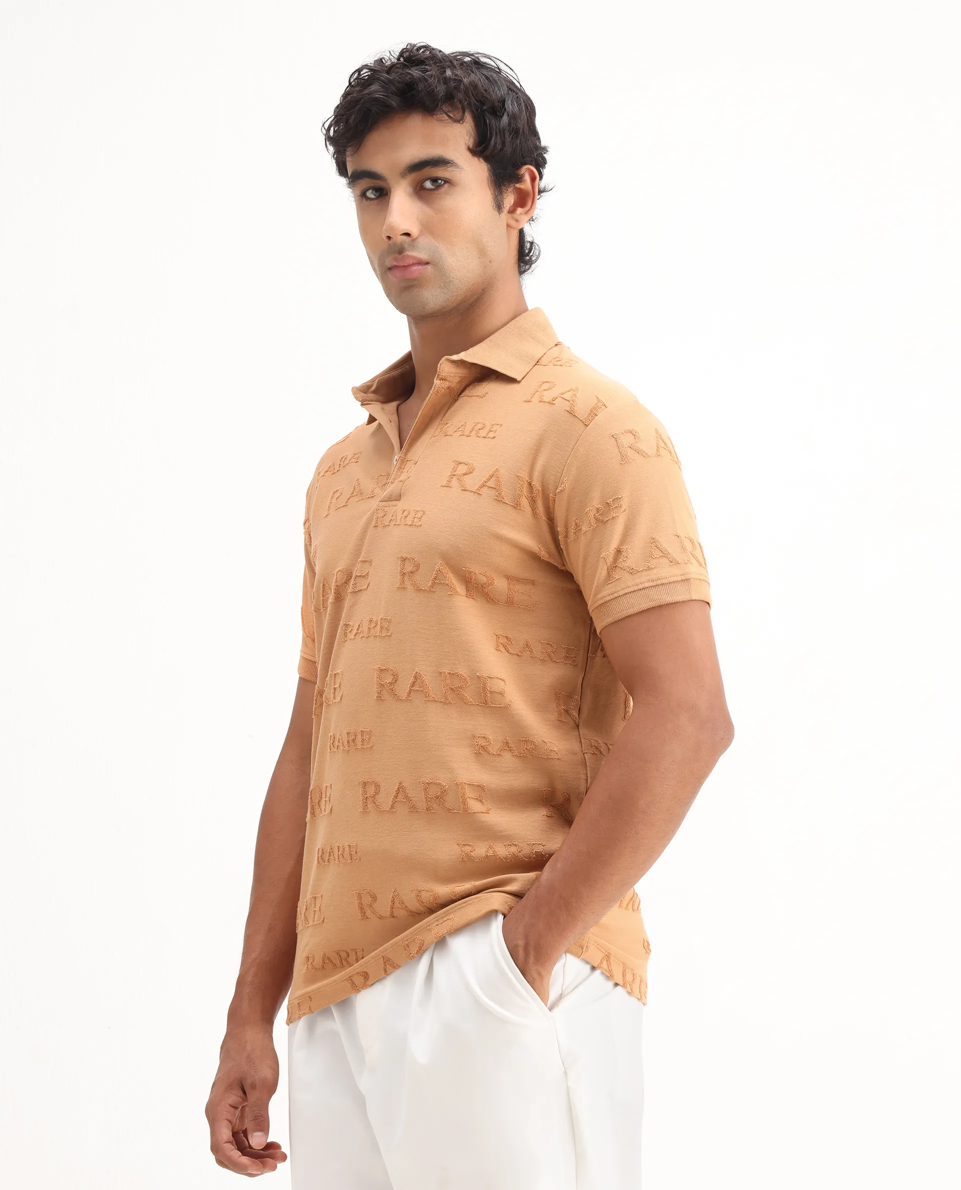 Rare Rabbit Men's Gesset-1 Mustard Cotton Jacquard Regular Fit Half Sleeve Polo - Image 5