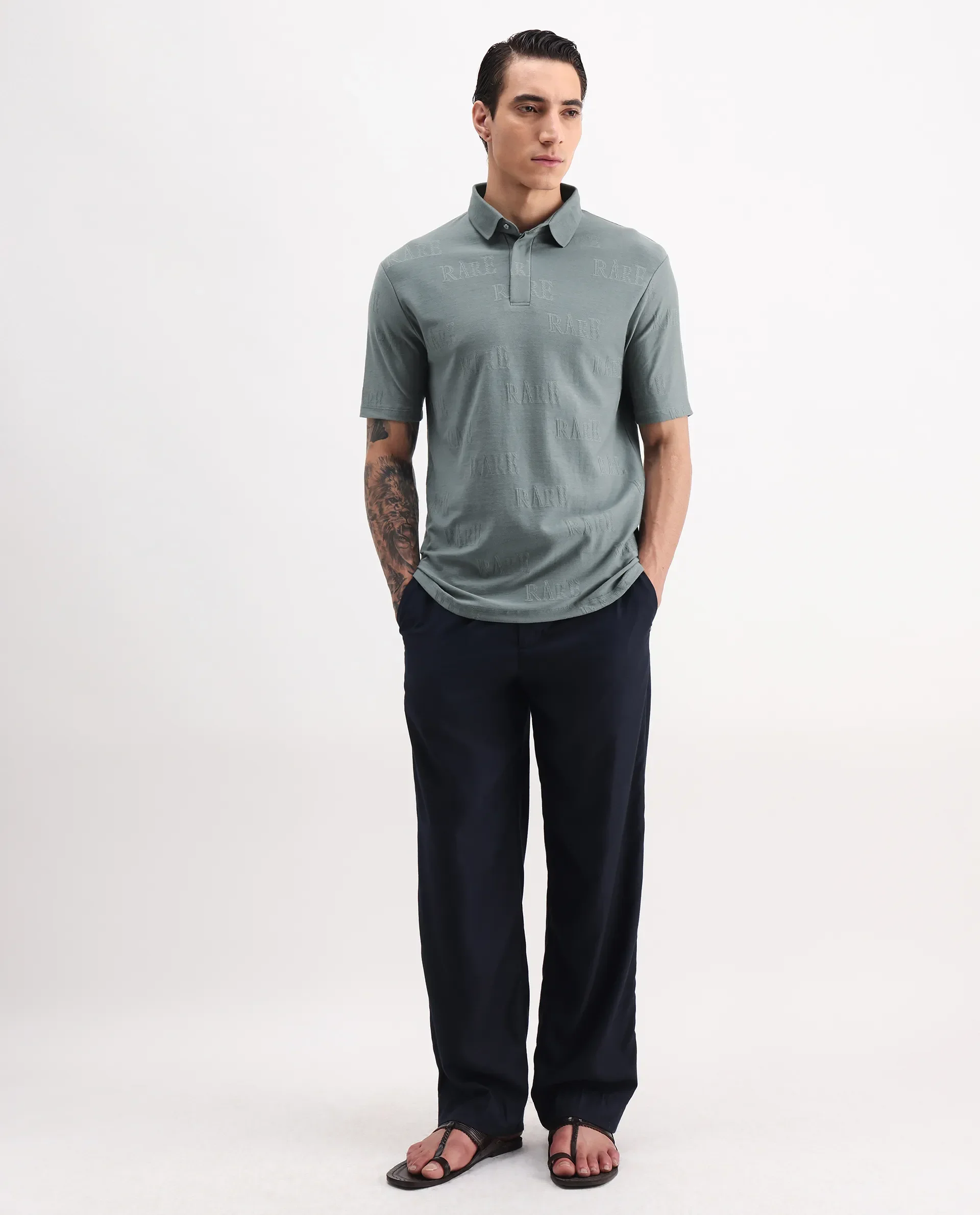 Rare Rabbit Men's Gesset 2 Green Cotton Blend Jacquard Regular Fit Half Sleeve Polo - Image 2