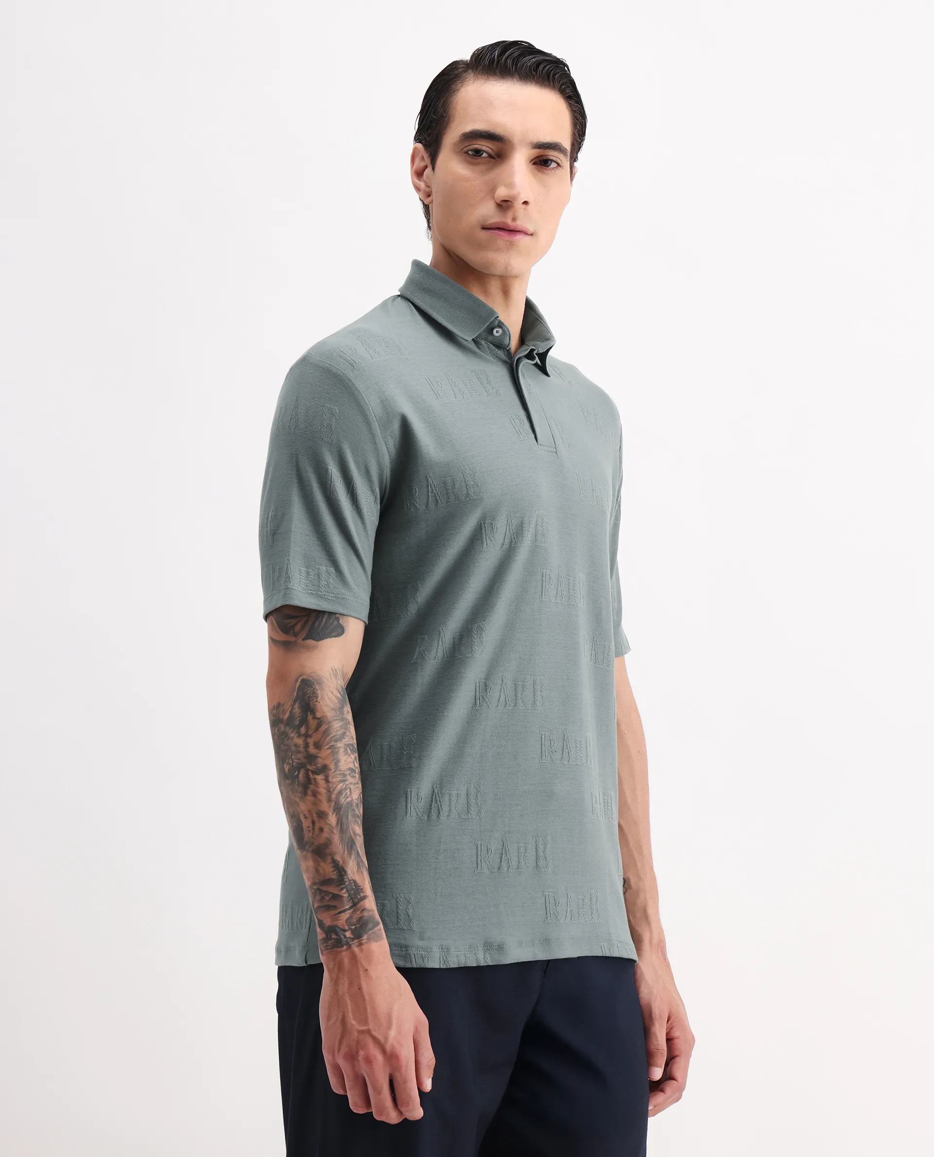 Rare Rabbit Men's Gesset 2 Green Cotton Blend Jacquard Regular Fit Half Sleeve Polo - Image 4