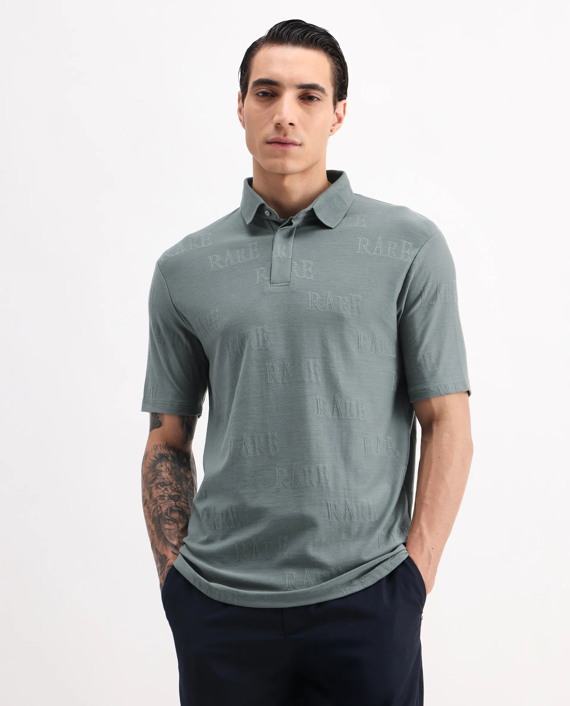 Rare Rabbit Men's Gesset 2 Green Cotton Blend Jacquard Regular Fit Half Sleeve Polo - Image 5