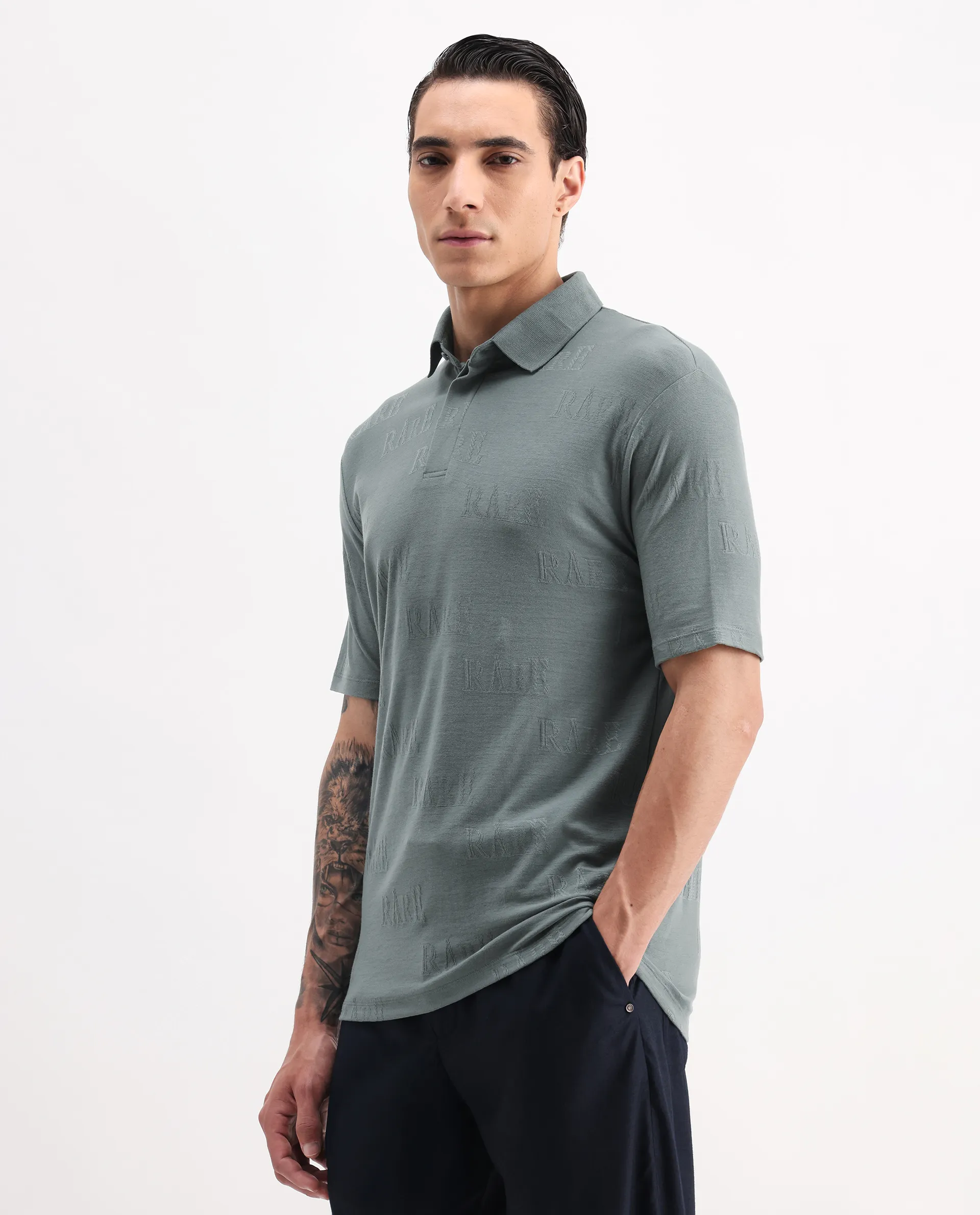 Rare Rabbit Men's Gesset 2 Green Cotton Blend Jacquard Regular Fit Half Sleeve Polo - Image 6