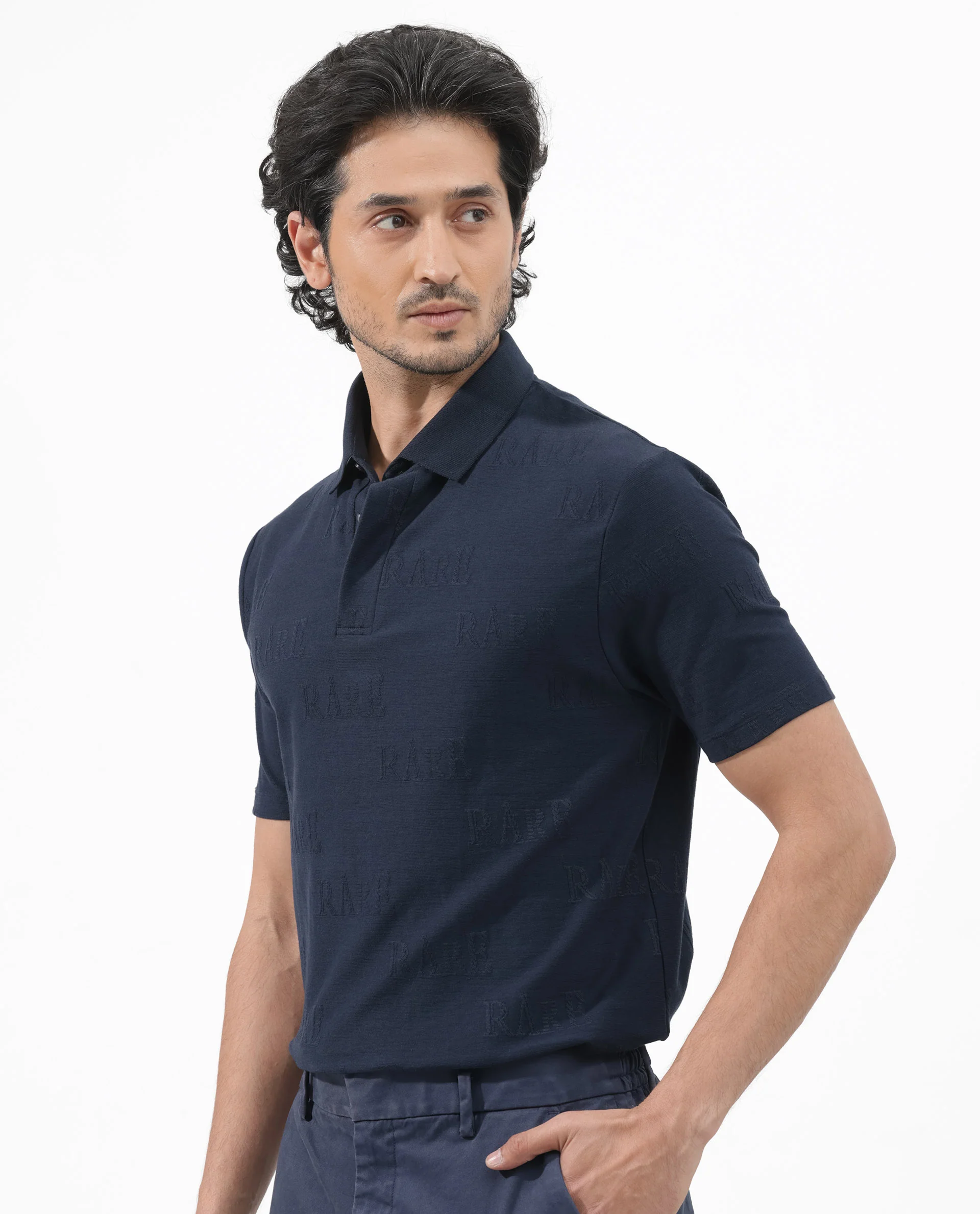 Rare Rabbit Men's Gesset 2 Dusky Navy Cotton Blend Jacquard Regular Fit Half Sleeve Polo - Image 3
