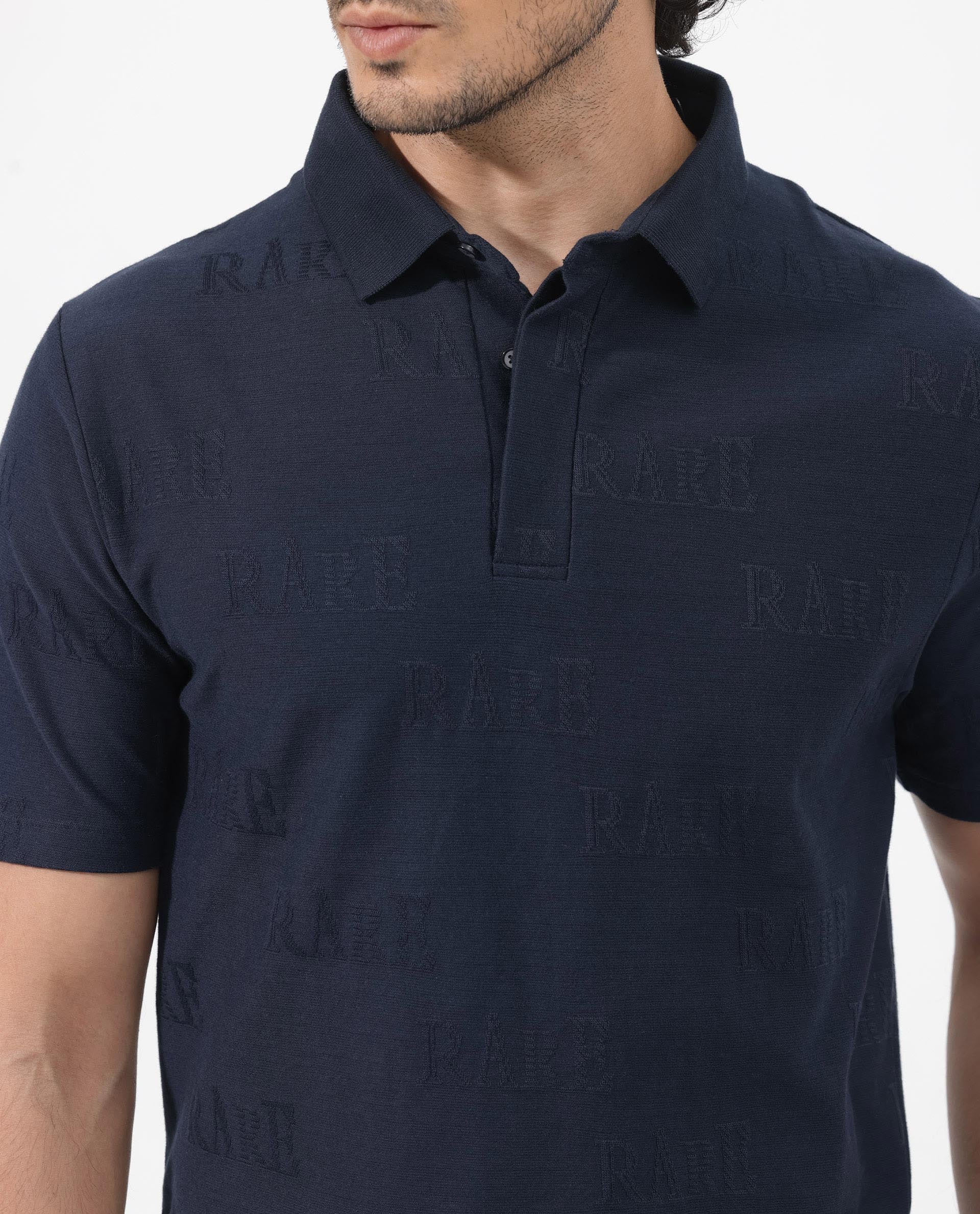 Rare Rabbit Men's Gesset 2 Dusky Navy Cotton Blend Jacquard Regular Fit Half Sleeve Polo - Image 5