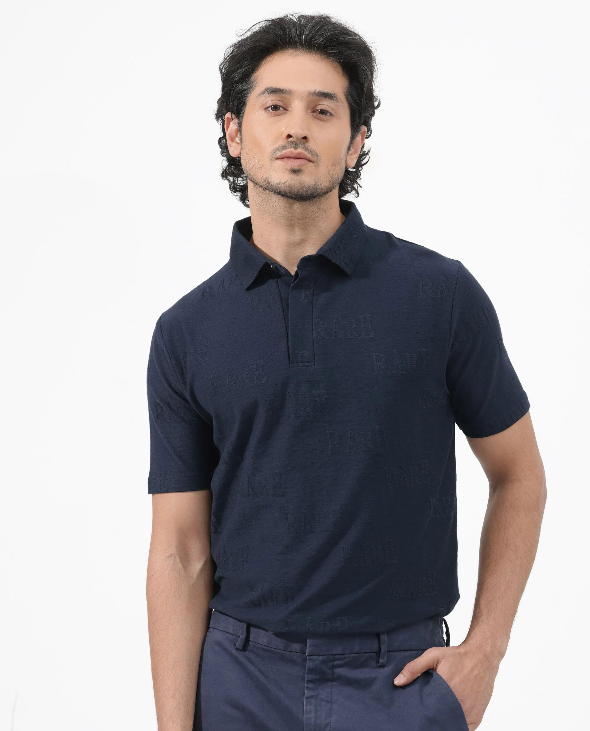Rare Rabbit Men's Gesset 2 Dusky Navy Cotton Blend Jacquard Regular Fit Half Sleeve Polo - Image 6