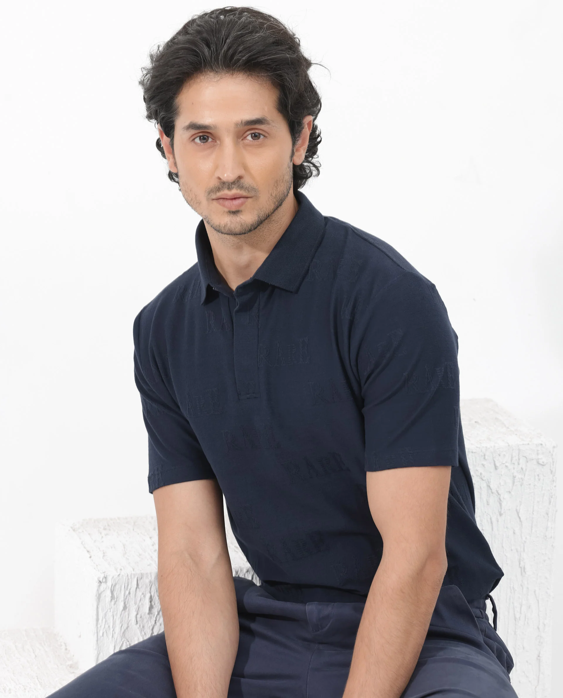 Rare Rabbit Men's Gesset 2 Dusky Navy Cotton Blend Jacquard Regular Fit Half Sleeve Polo - Image 7