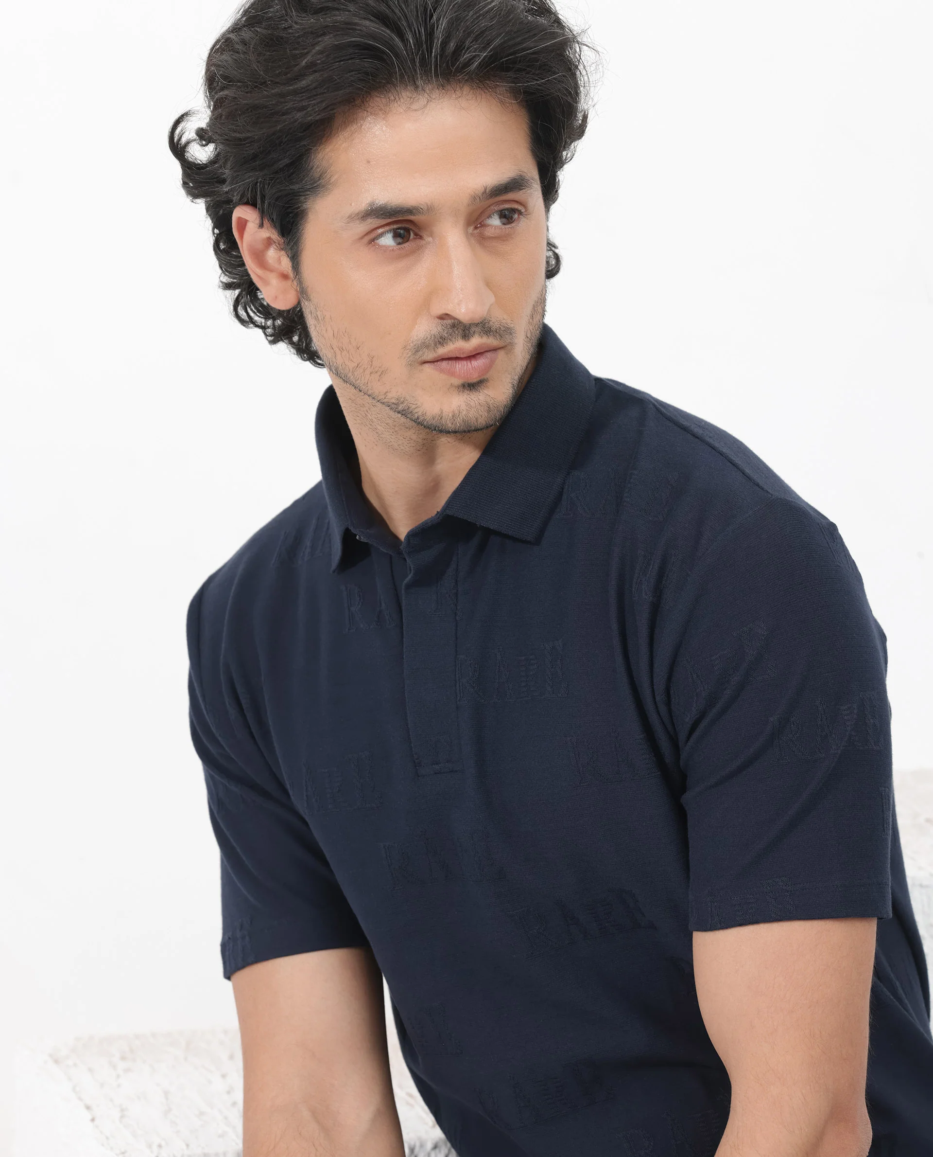 Rare Rabbit Men's Gesset 2 Dusky Navy Cotton Blend Jacquard Regular Fit Half Sleeve Polo - Image 8