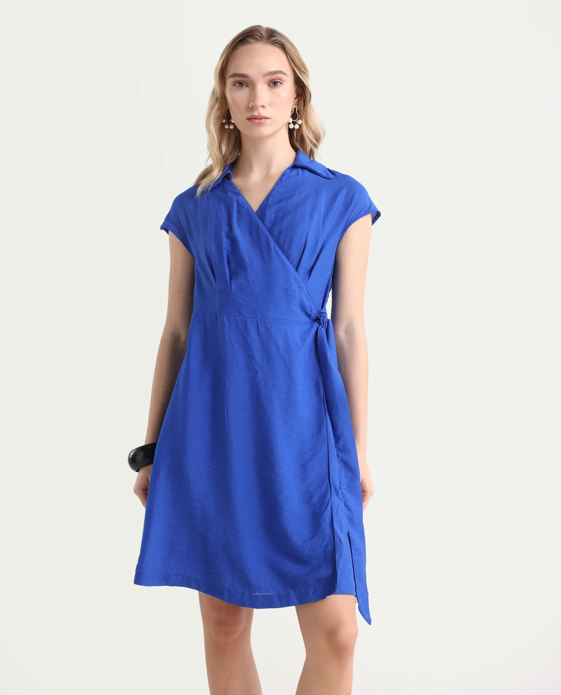 Rareism Women's Gesto Blue Viscose Blend Drop Collar Plain Extended Sleeves Mini Regular Fit Dress - Image 3