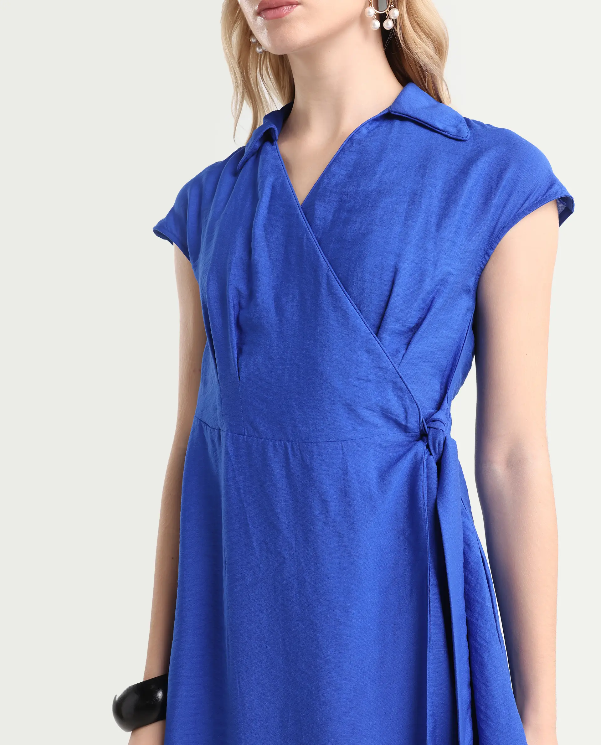 Rareism Women's Gesto Blue Viscose Blend Drop Collar Plain Extended Sleeves Mini Regular Fit Dress - Image 4
