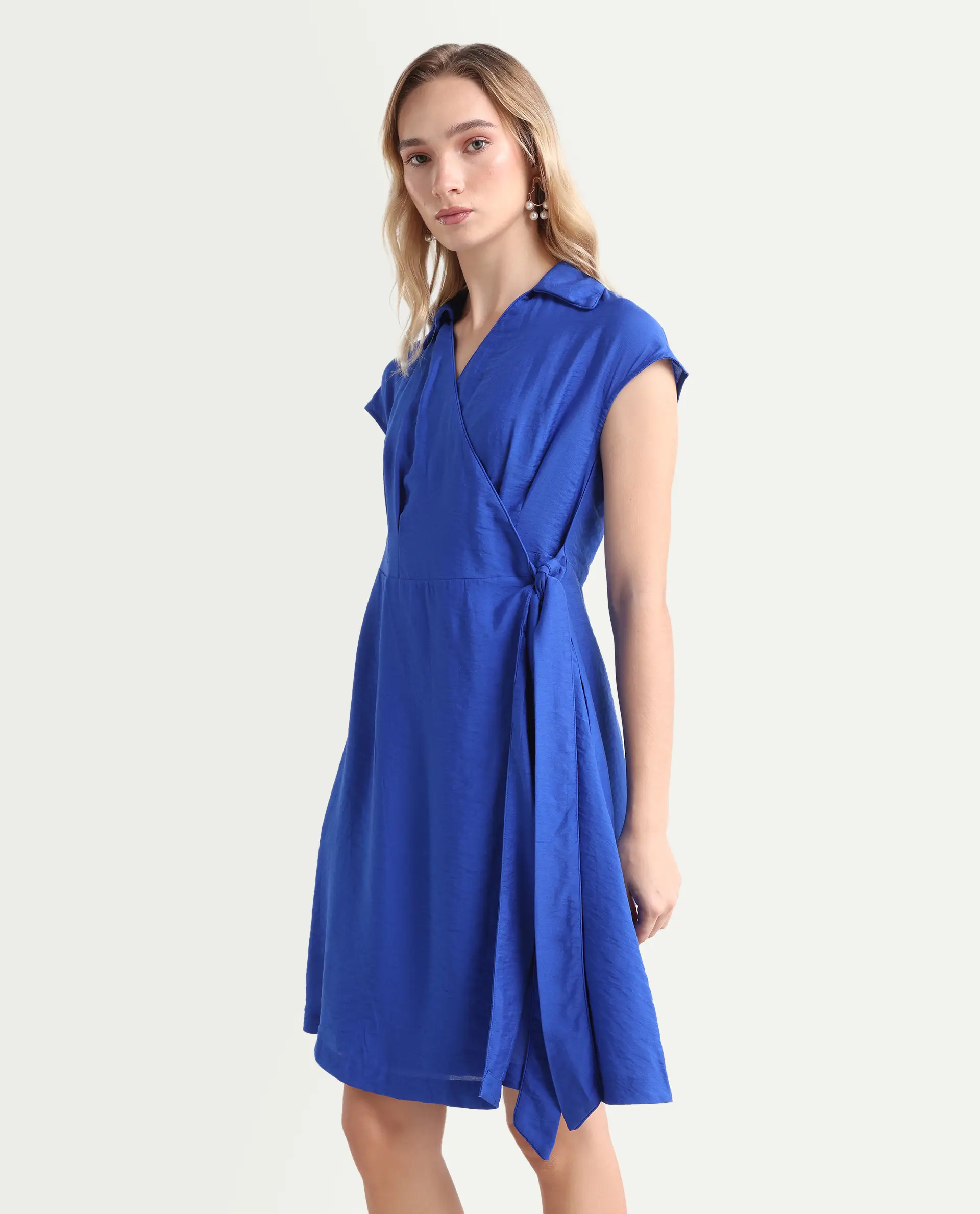 Rareism Women's Gesto Blue Viscose Blend Drop Collar Plain Extended Sleeves Mini Regular Fit Dress - Image 6