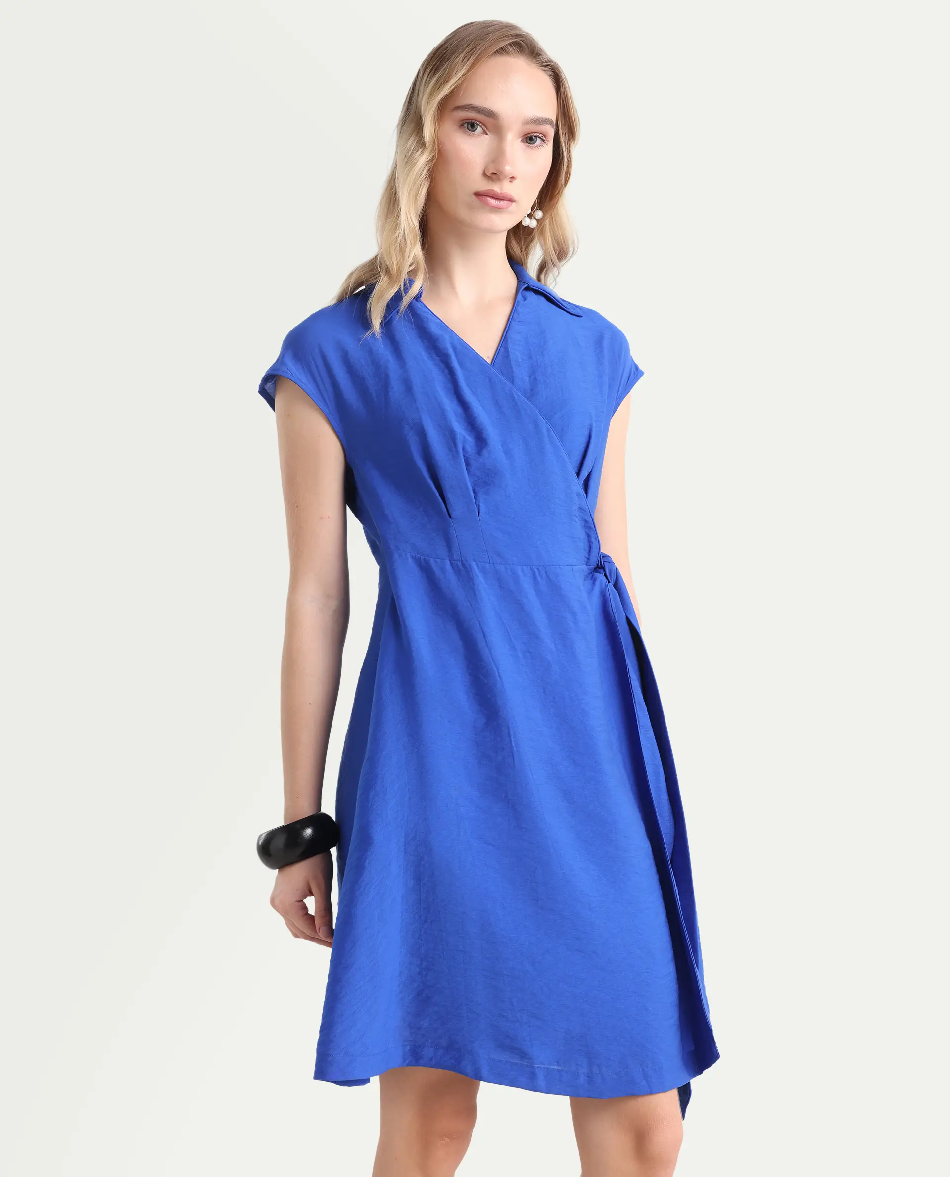 Rareism Women's Gesto Blue Viscose Blend Drop Collar Plain Extended Sleeves Mini Regular Fit Dress - Image 7