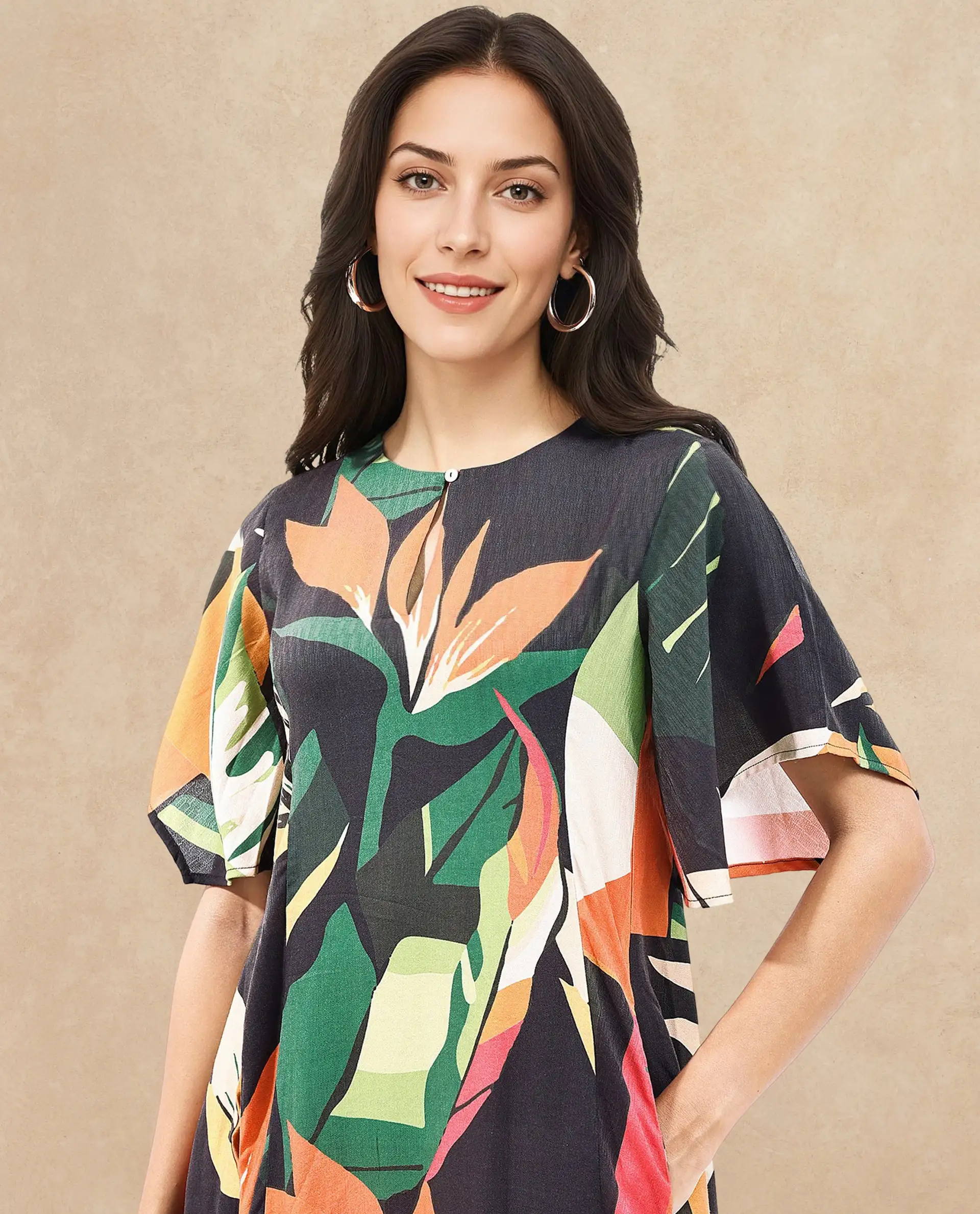 Rareism Women's Gesto Multi Viscose Blend V-Neck Abstract Print Midi Balloon Dress - Image 2