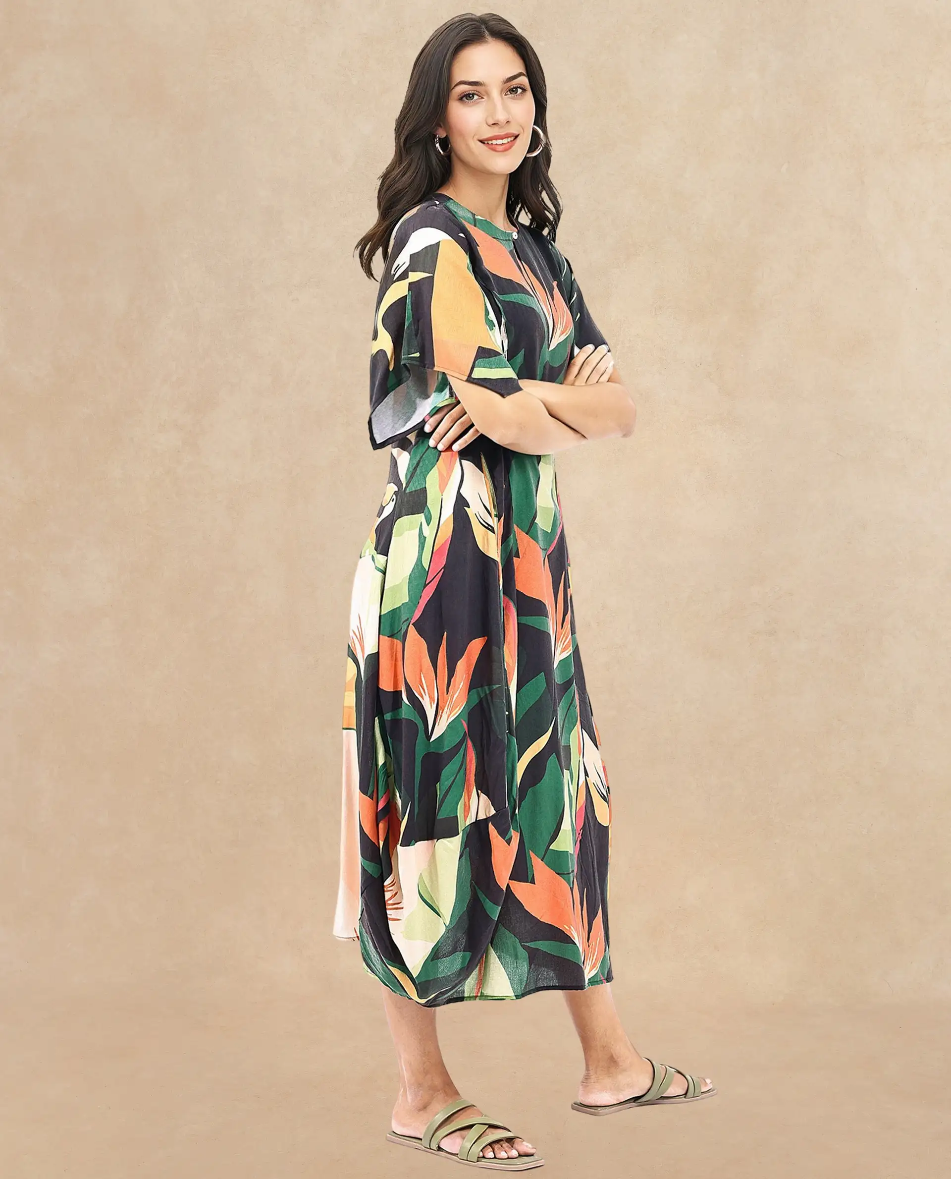 Rareism Women's Gesto Multi Viscose Blend V-Neck Abstract Print Midi Balloon Dress - Image 3