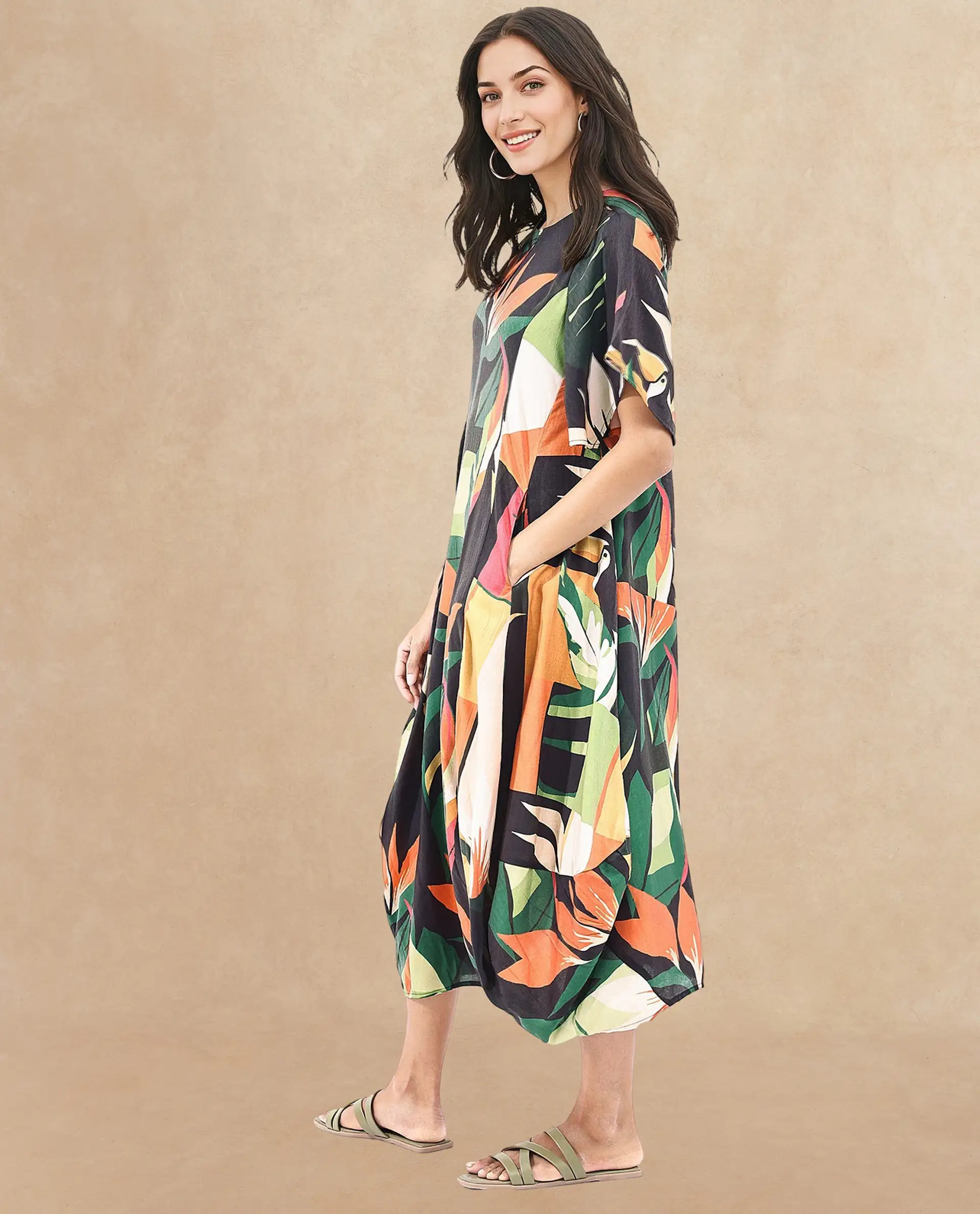 Rareism Women's Gesto Multi Viscose Blend V-Neck Abstract Print Midi Balloon Dress - Image 4