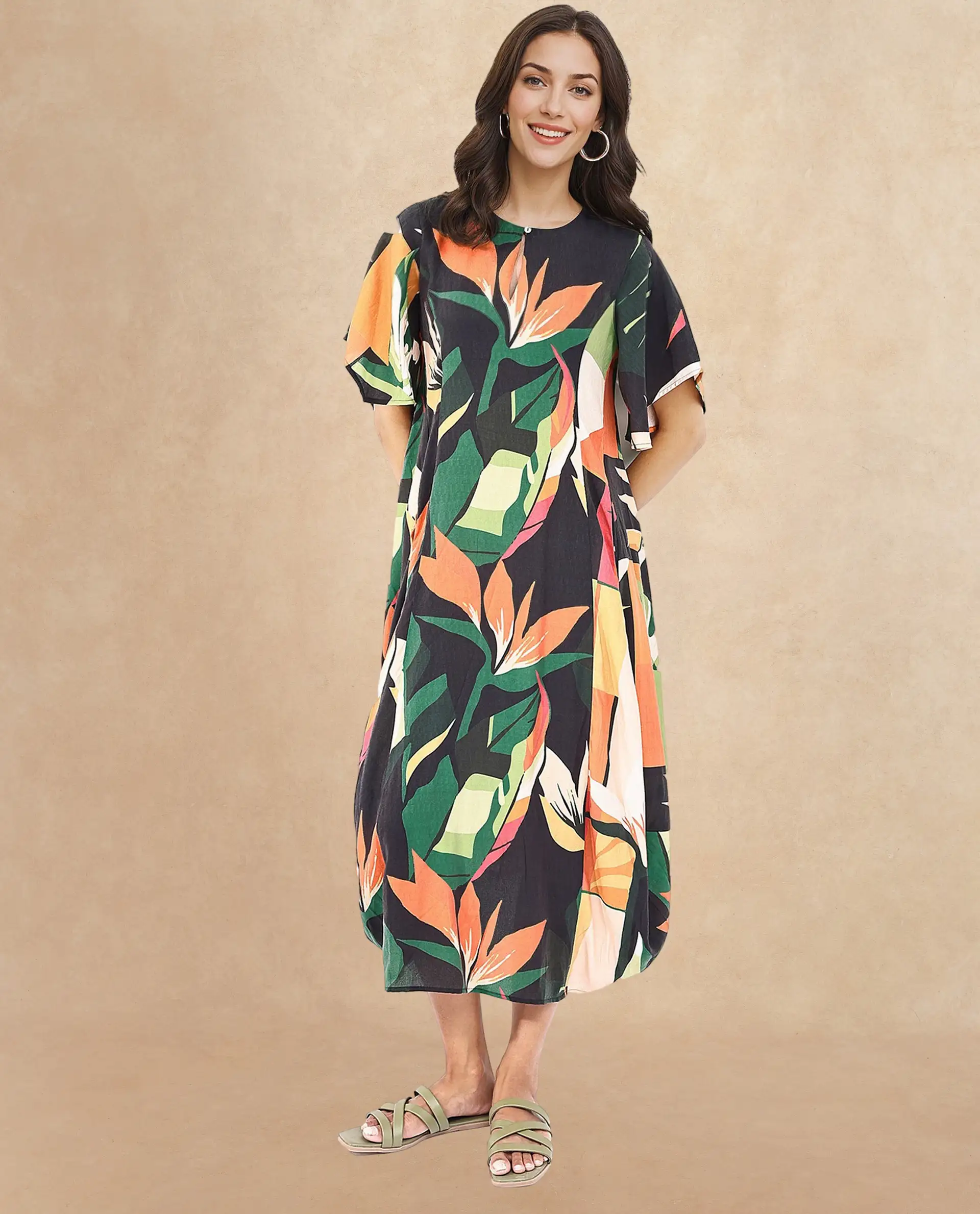 Rareism Women's Gesto Multi Viscose Blend V-Neck Abstract Print Midi Balloon Dress - Image 5