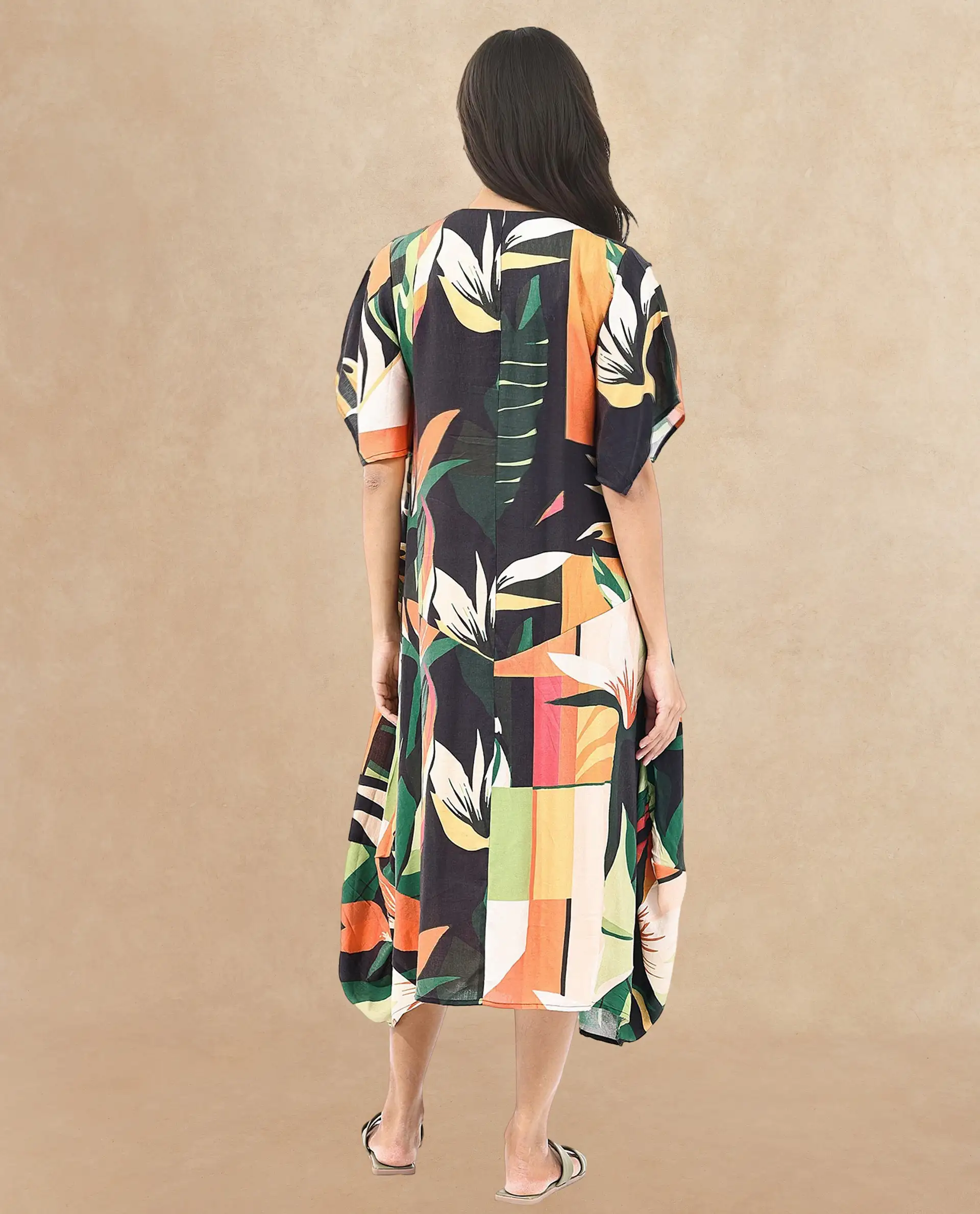 Rareism Women's Gesto Multi Viscose Blend V-Neck Abstract Print Midi Balloon Dress - Image 6