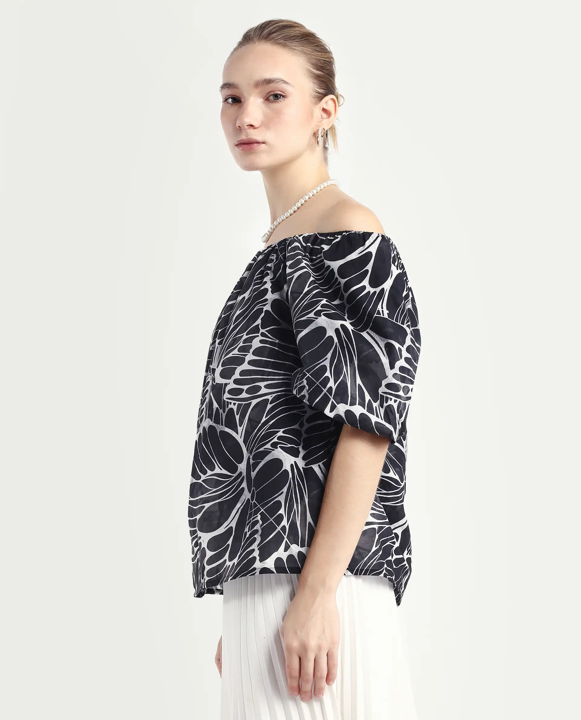 Rareism Women's Getan Black Viscose Blend Square Neck Abstract Print Balloon Sleeve Relaxed Fit Top - Image 5