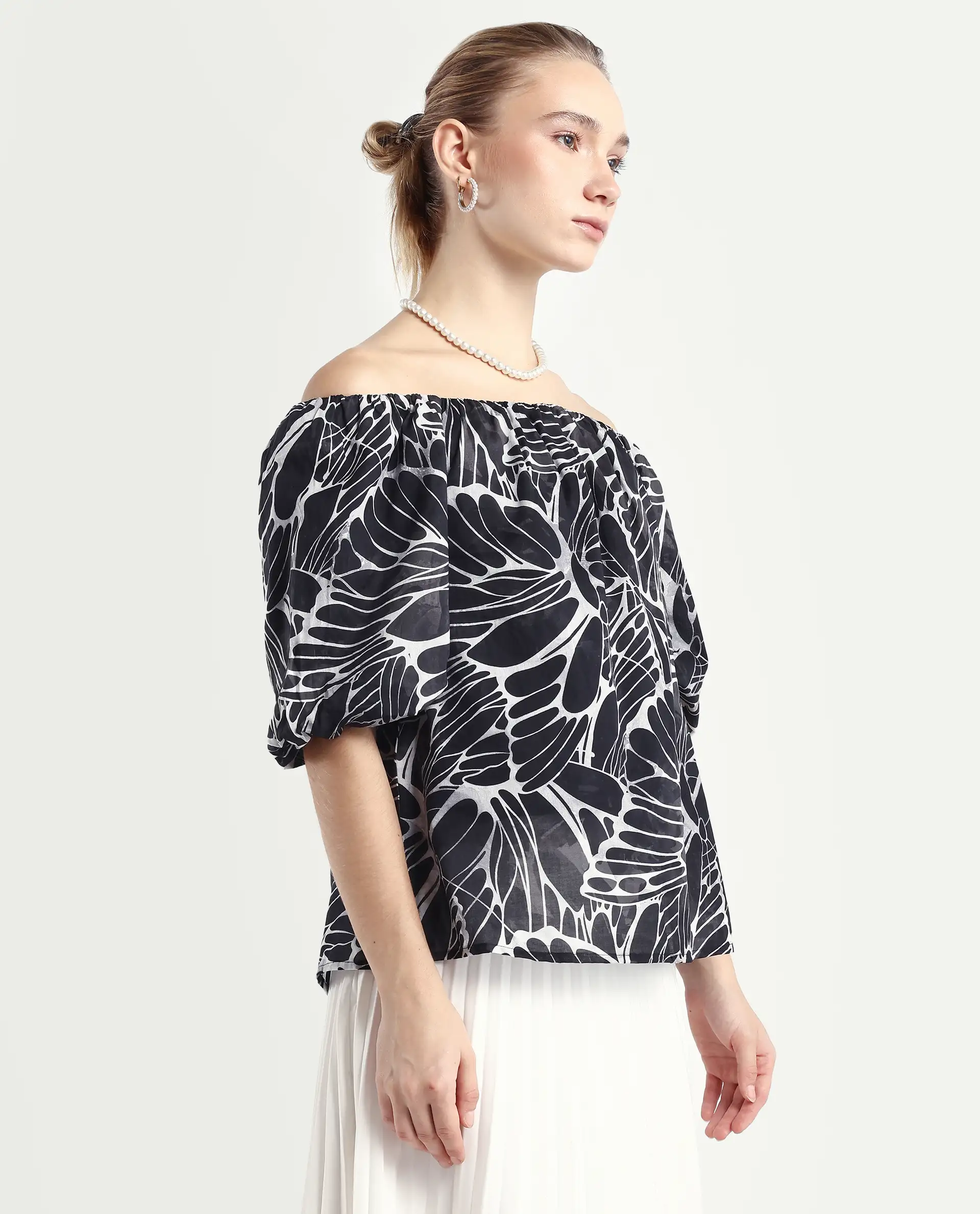 Rareism Women's Getan Black Viscose Blend Square Neck Abstract Print Balloon Sleeve Relaxed Fit Top - Image 6
