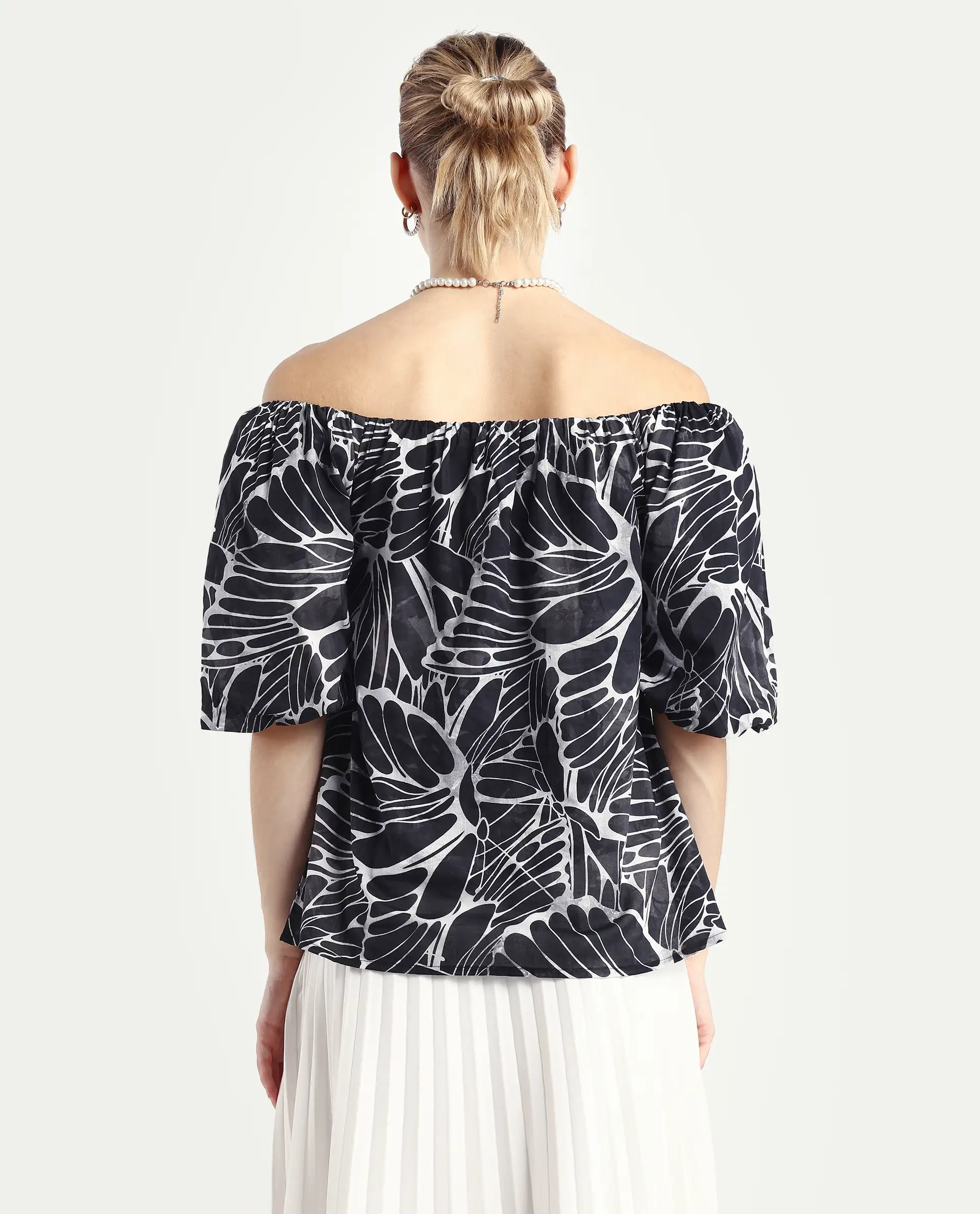 Rareism Women's Getan Black Viscose Blend Square Neck Abstract Print Balloon Sleeve Relaxed Fit Top - Image 7
