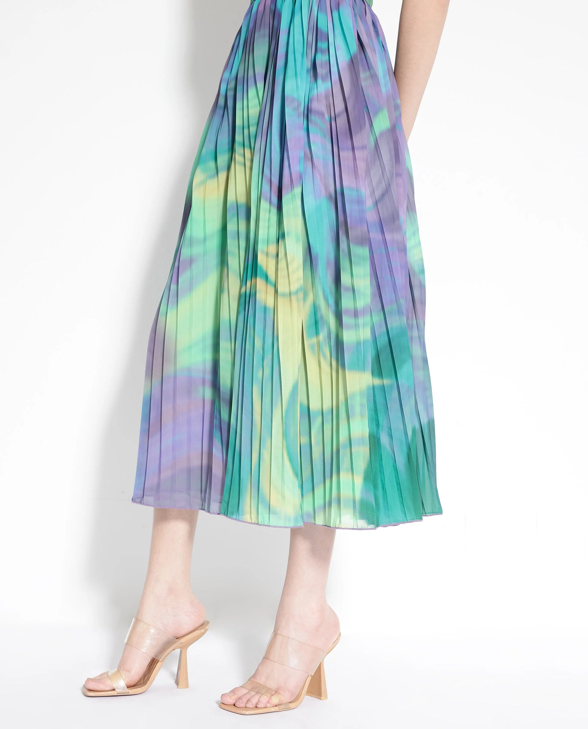Rareism Women's Gevinson Multi Polyester V-Neck Abstract Print Extended Sleeves Midi Fit And Flare Dress - Image 2