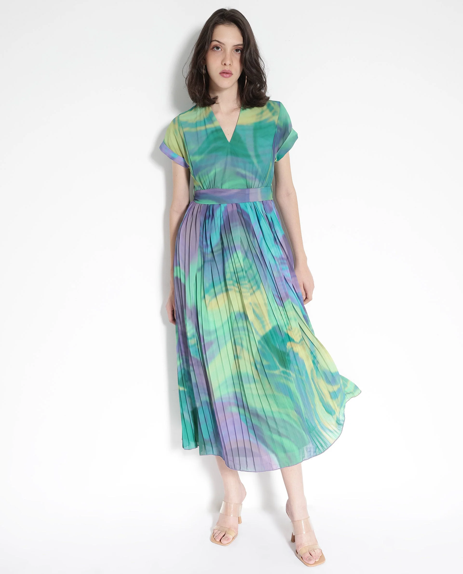 Rareism Women's Gevinson Multi Polyester V-Neck Abstract Print Extended Sleeves Midi Fit And Flare Dress - Image 3