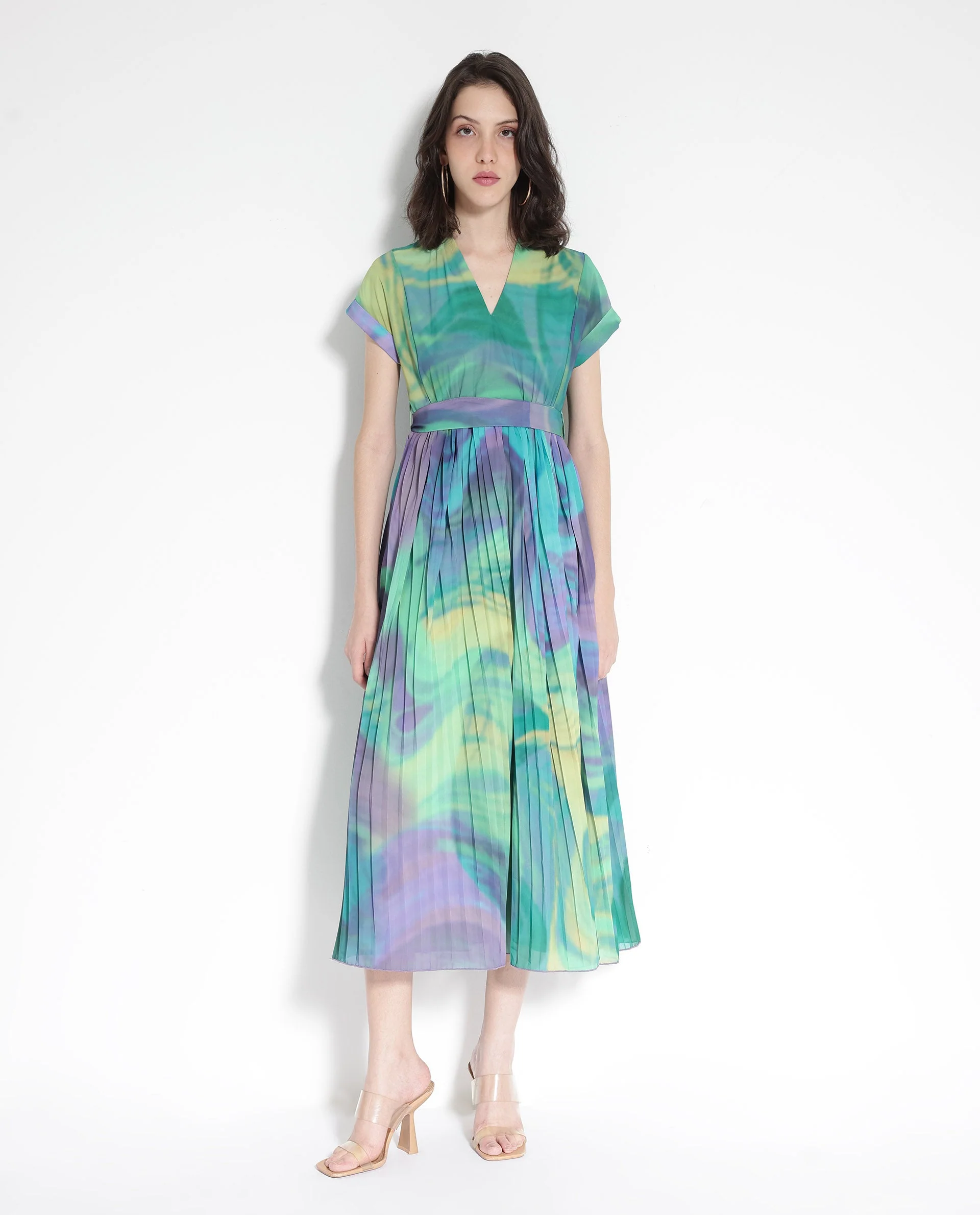Rareism Women's Gevinson Multi Polyester V-Neck Abstract Print Extended Sleeves Midi Fit And Flare Dress - Image 4