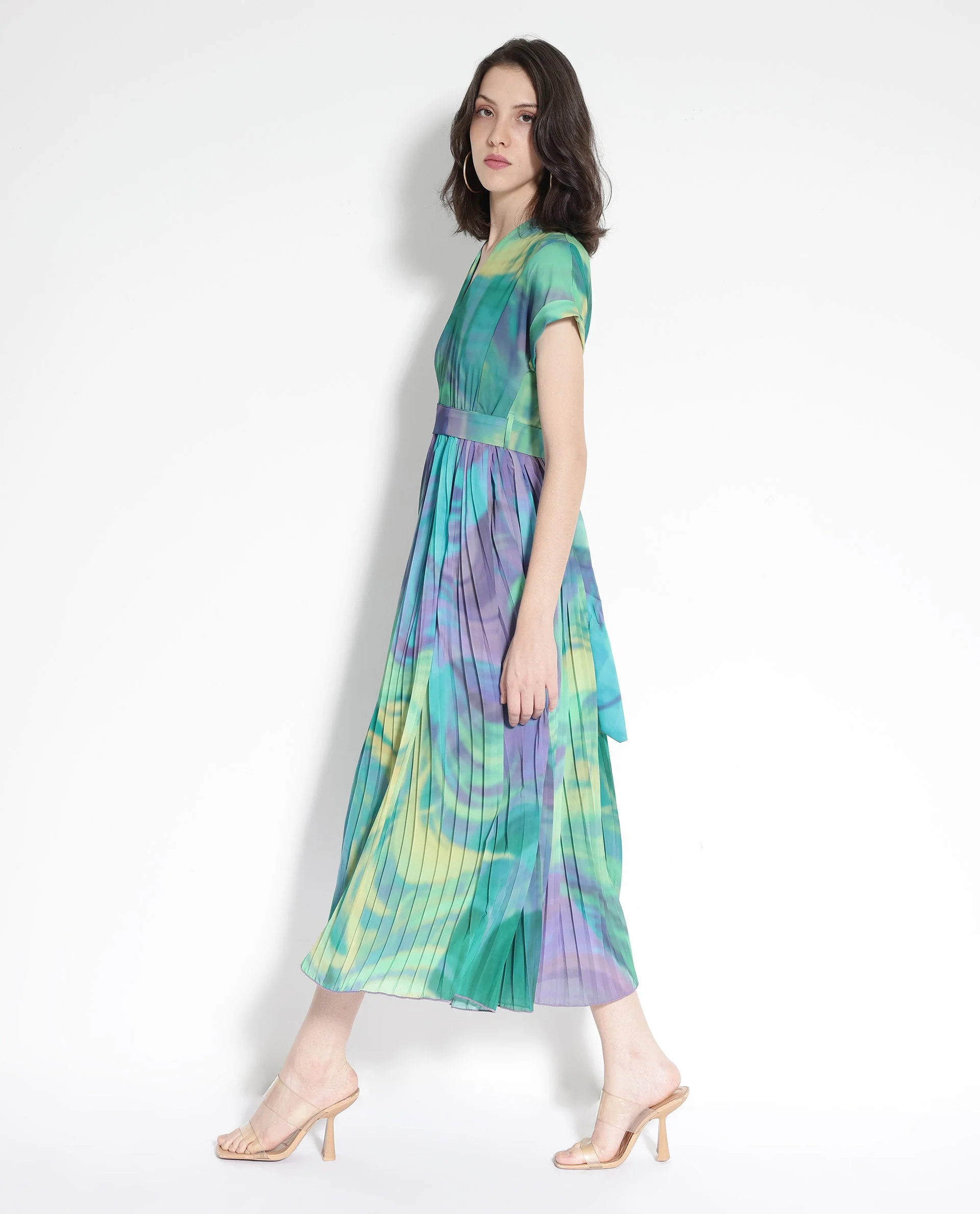 Rareism Women's Gevinson Multi Polyester V-Neck Abstract Print Extended Sleeves Midi Fit And Flare Dress - Image 5