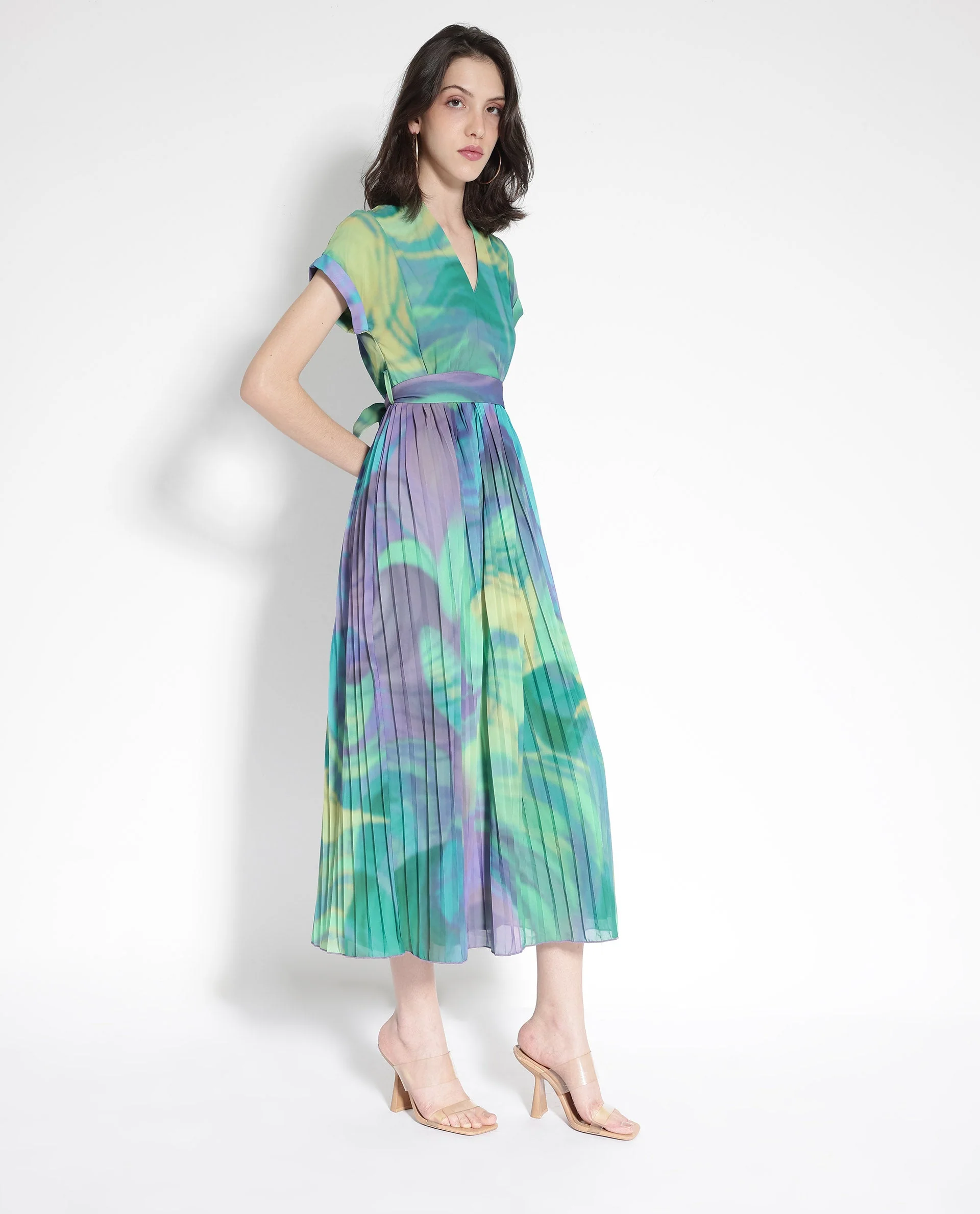 Rareism Women's Gevinson Multi Polyester V-Neck Abstract Print Extended Sleeves Midi Fit And Flare Dress - Image 6