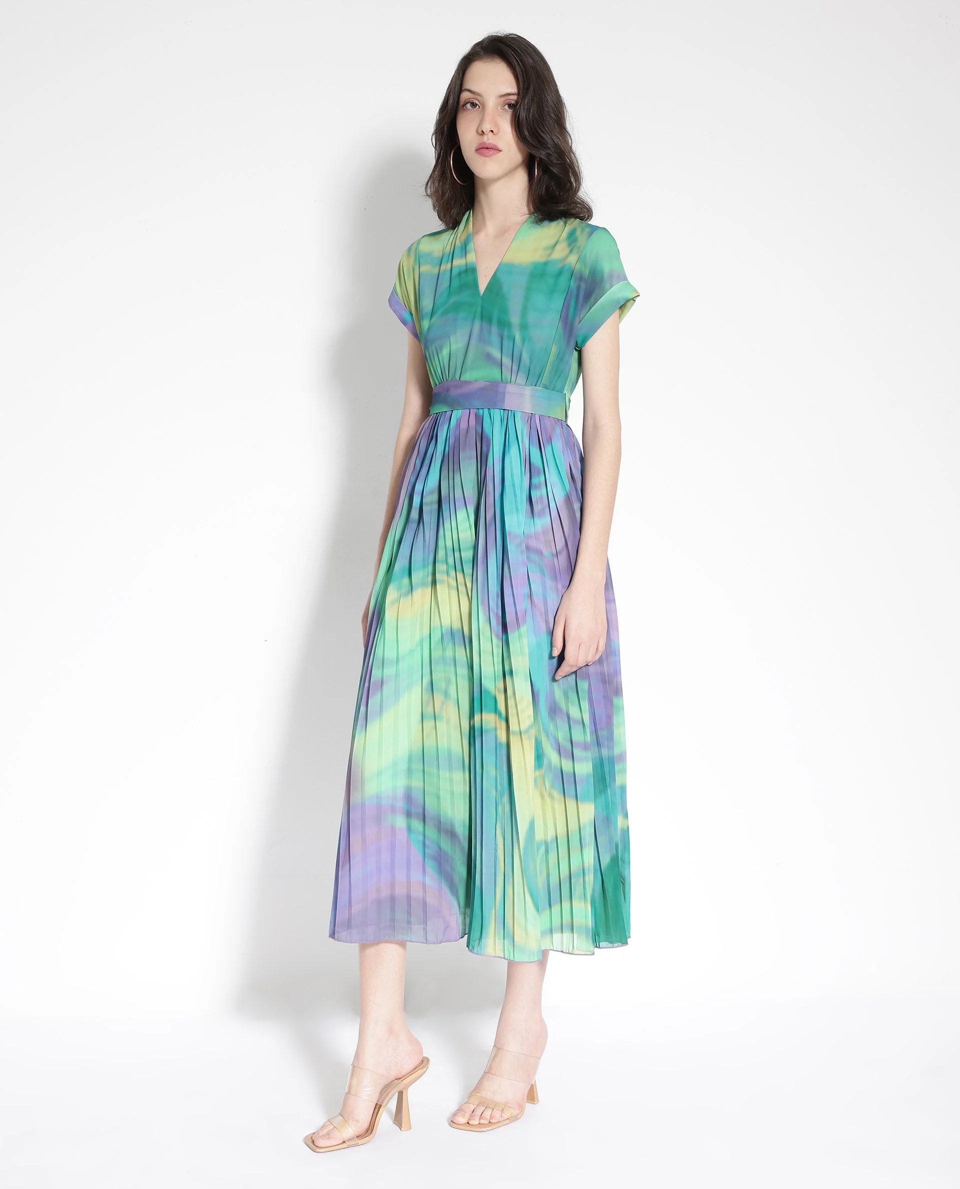 Rareism Women's Gevinson Multi Polyester V-Neck Abstract Print Extended Sleeves Midi Fit And Flare Dress - Image 7