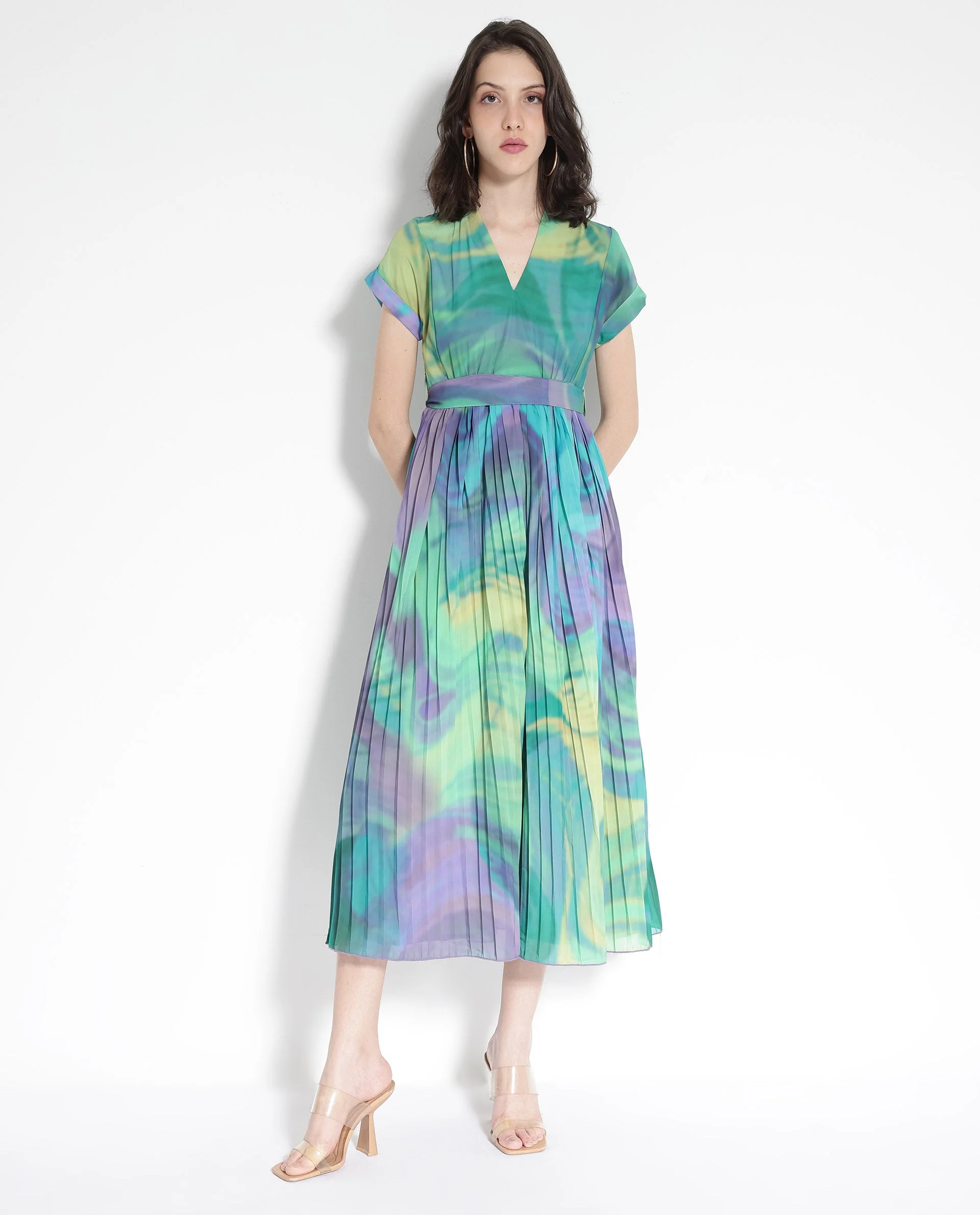 Rareism Women's Gevinson Multi Polyester V-Neck Abstract Print Extended Sleeves Midi Fit And Flare Dress - Image 8