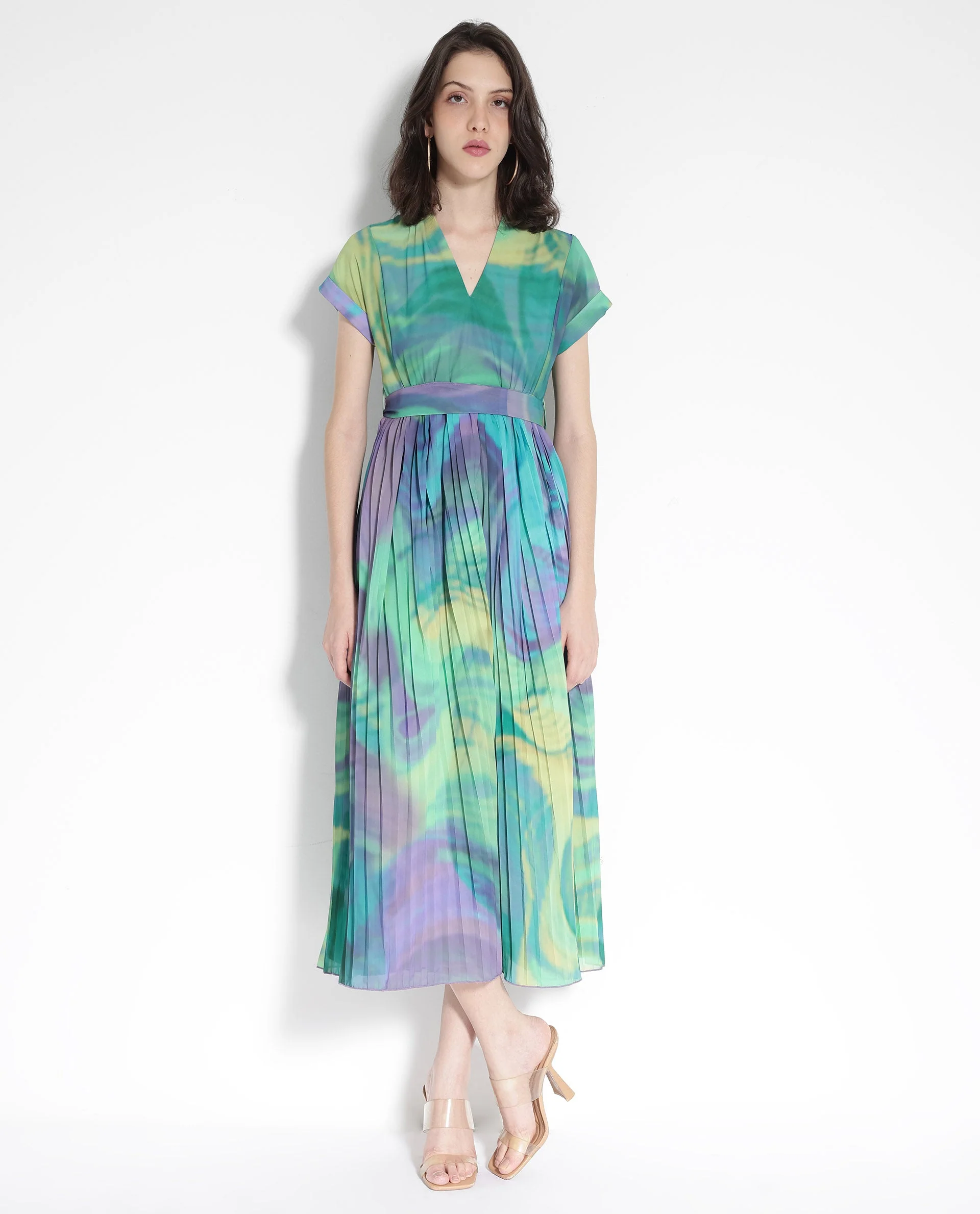 Rareism Women's Gevinson Multi Polyester V-Neck Abstract Print Extended Sleeves Midi Fit And Flare Dress - Image 9