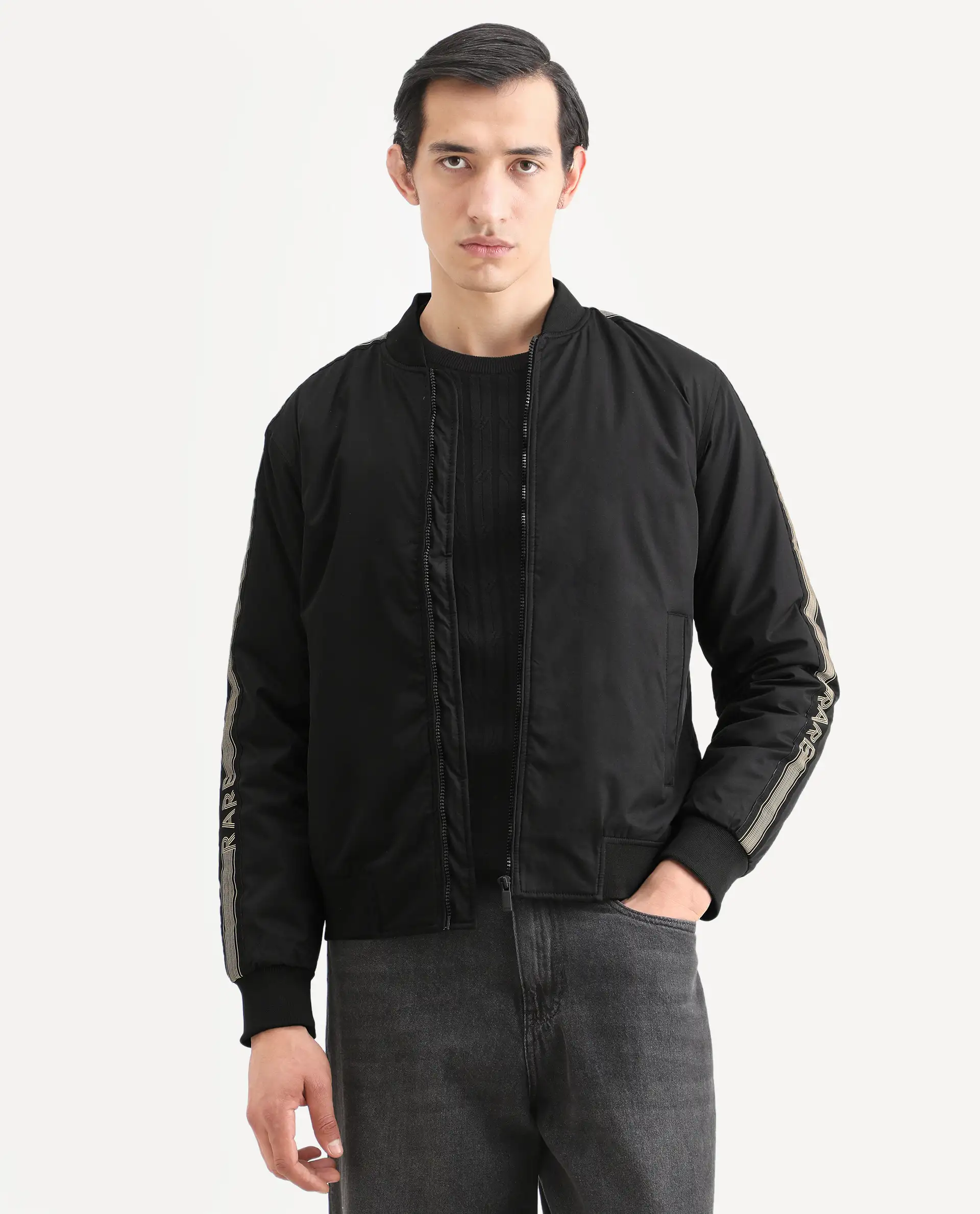 Rare Rabbit Men's Ghana Black Polyester Plain Regular Fit Full Sleeve Ribbed Collar Jacket - Image 3