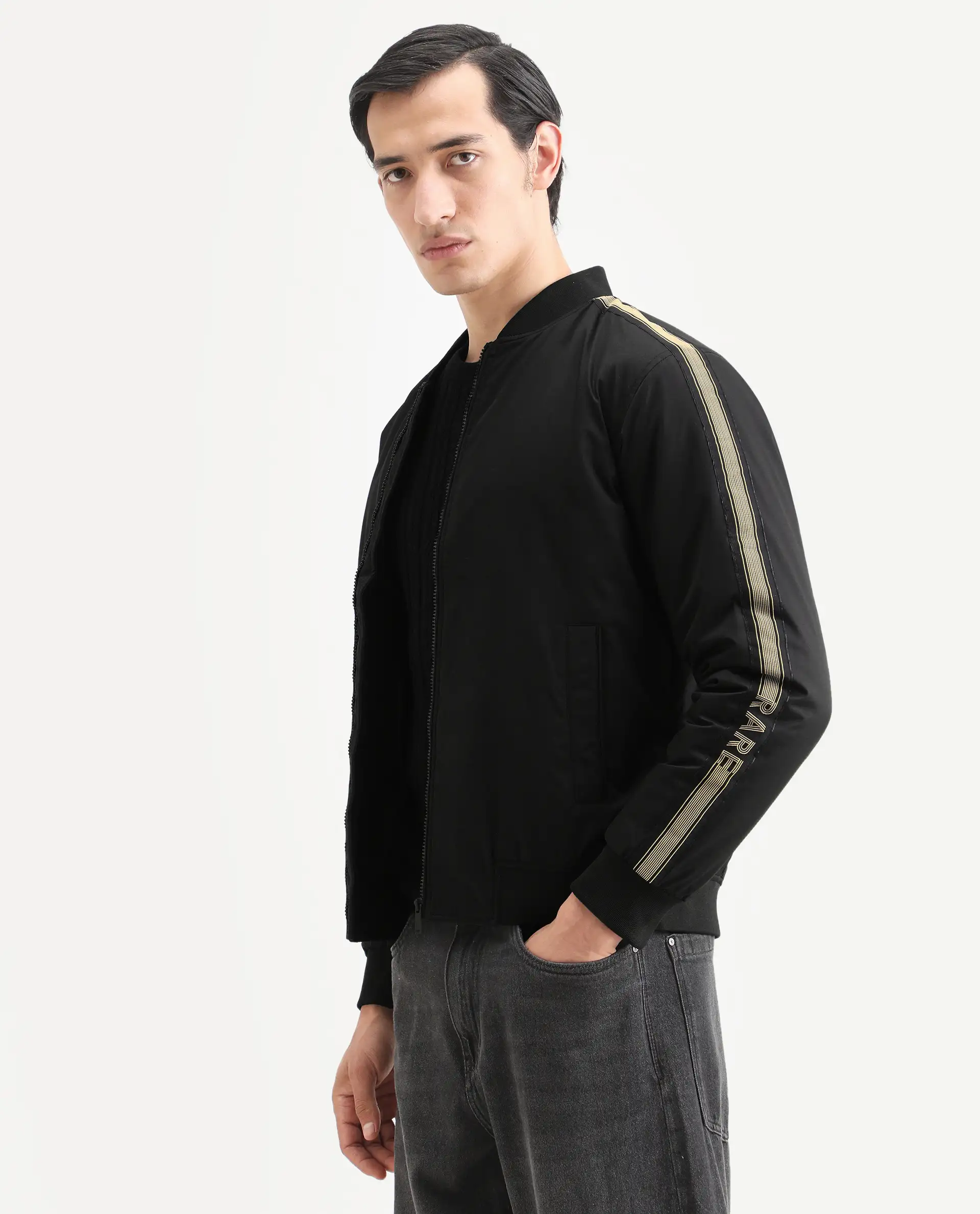 Rare Rabbit Men's Ghana Black Polyester Plain Regular Fit Full Sleeve Ribbed Collar Jacket - Image 5