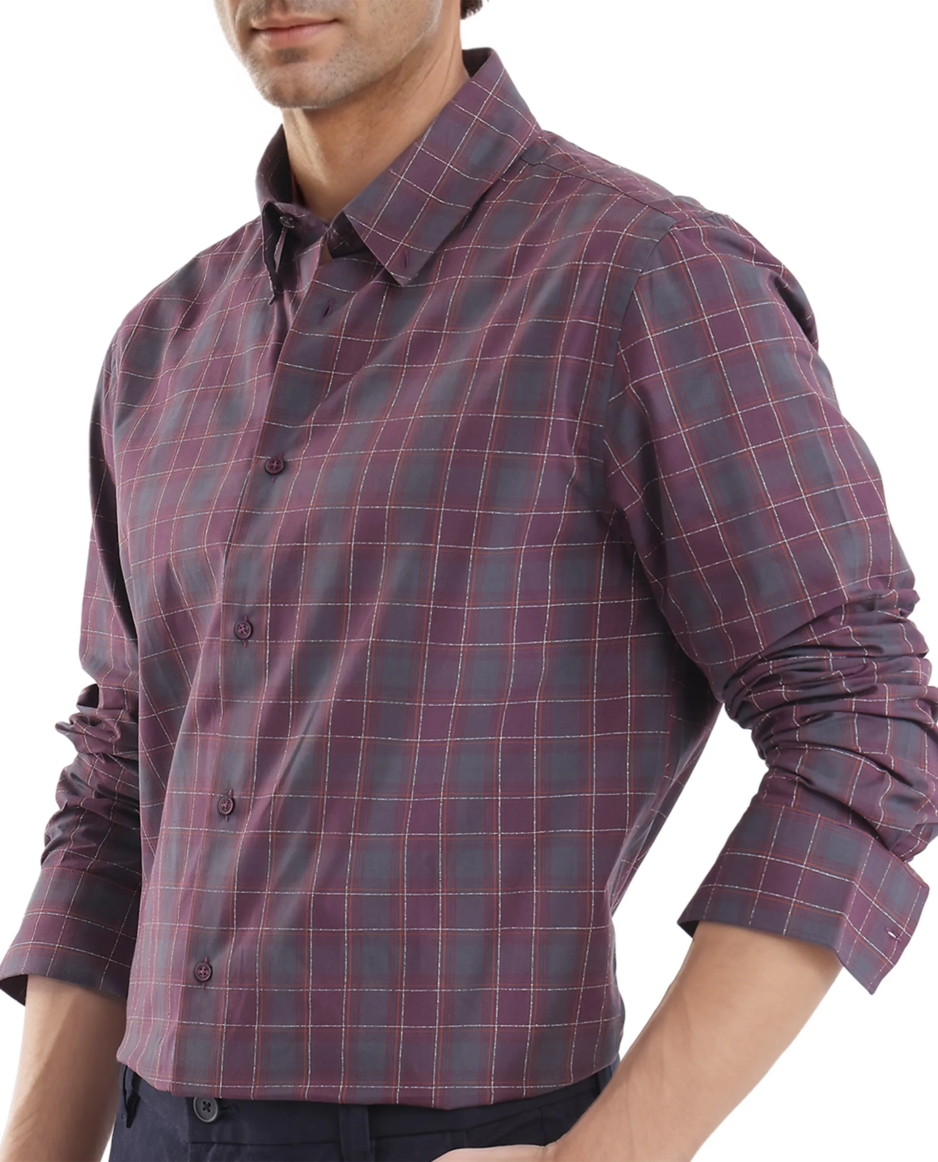 Rare Rabbit Men's Gibis Dark Purple Cotton Checked Print Regular Fit Full Sleeve Collared Shirt - Image 3