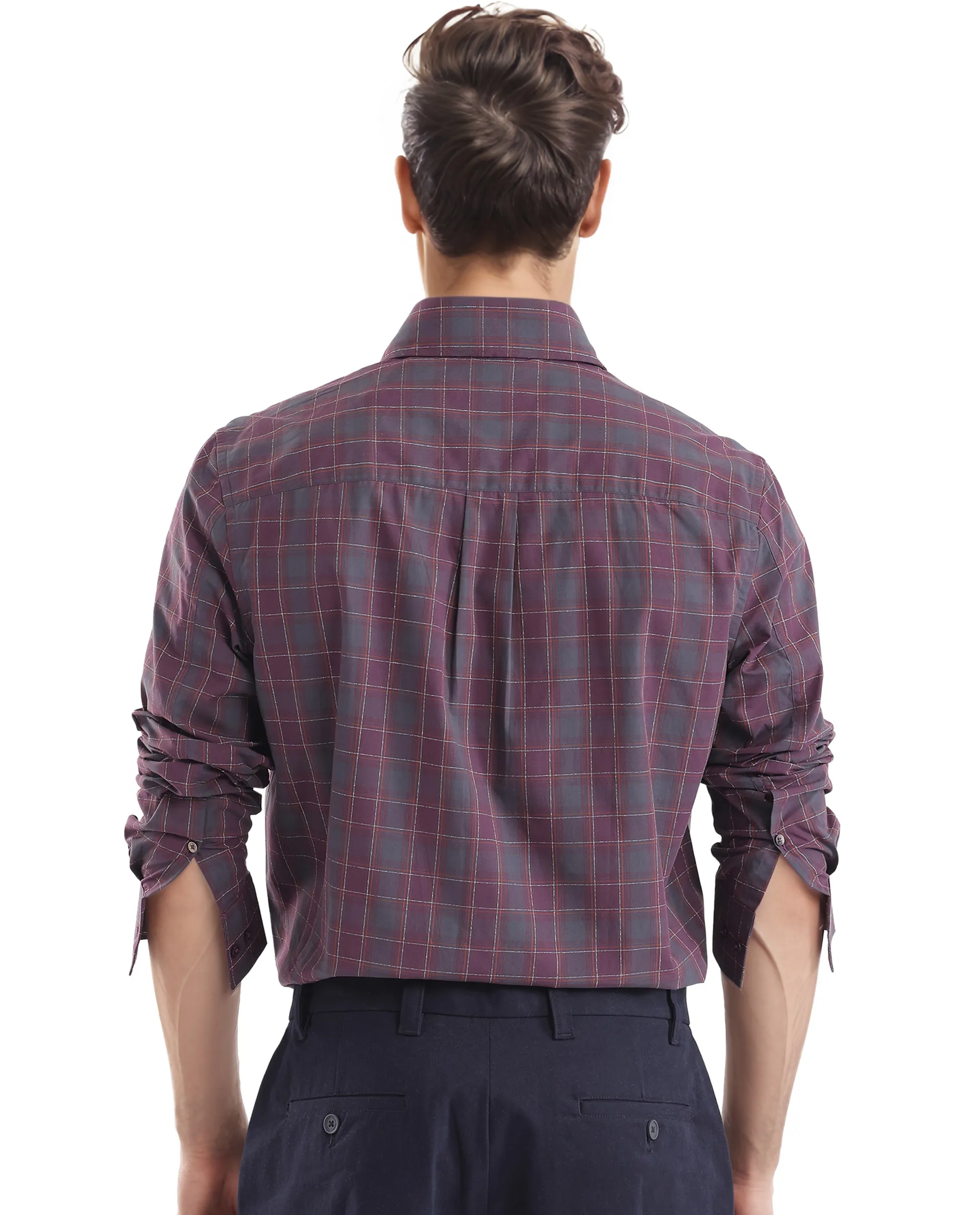 Rare Rabbit Men's Gibis Dark Purple Cotton Checked Print Regular Fit Full Sleeve Collared Shirt - Image 4
