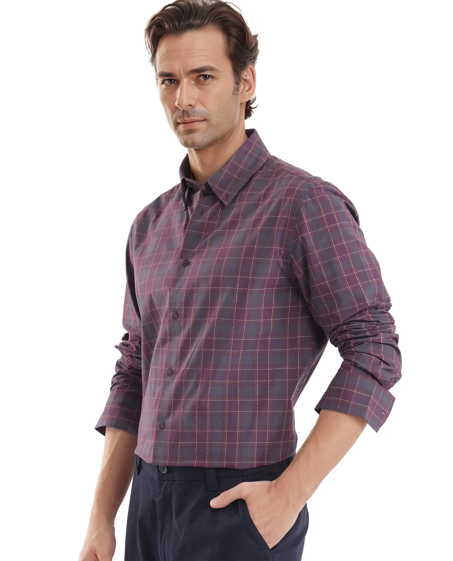 Rare Rabbit Men's Gibis Dark Purple Cotton Checked Print Regular Fit Full Sleeve Collared Shirt - Image 5
