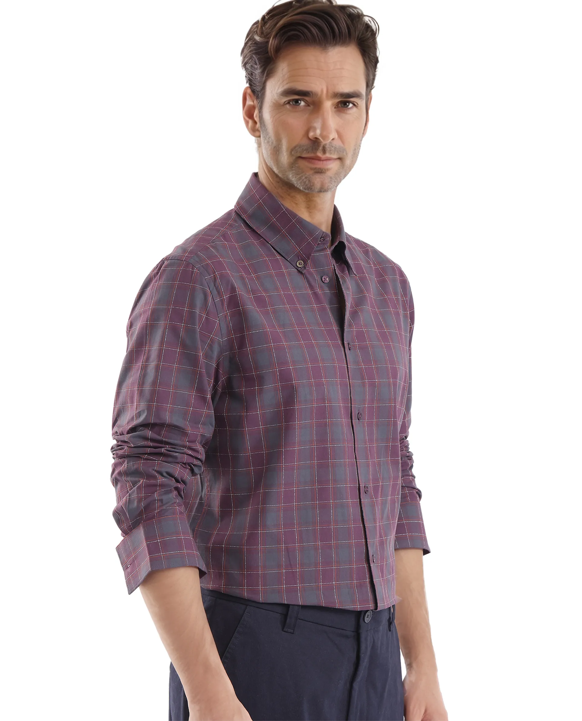 Rare Rabbit Men's Gibis Dark Purple Cotton Checked Print Regular Fit Full Sleeve Collared Shirt - Image 6