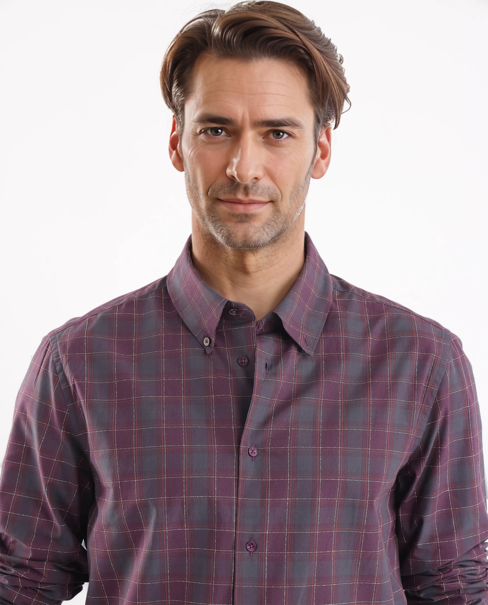 Rare Rabbit Men's Gibis Dark Purple Cotton Checked Print Regular Fit Full Sleeve Collared Shirt - Image 7